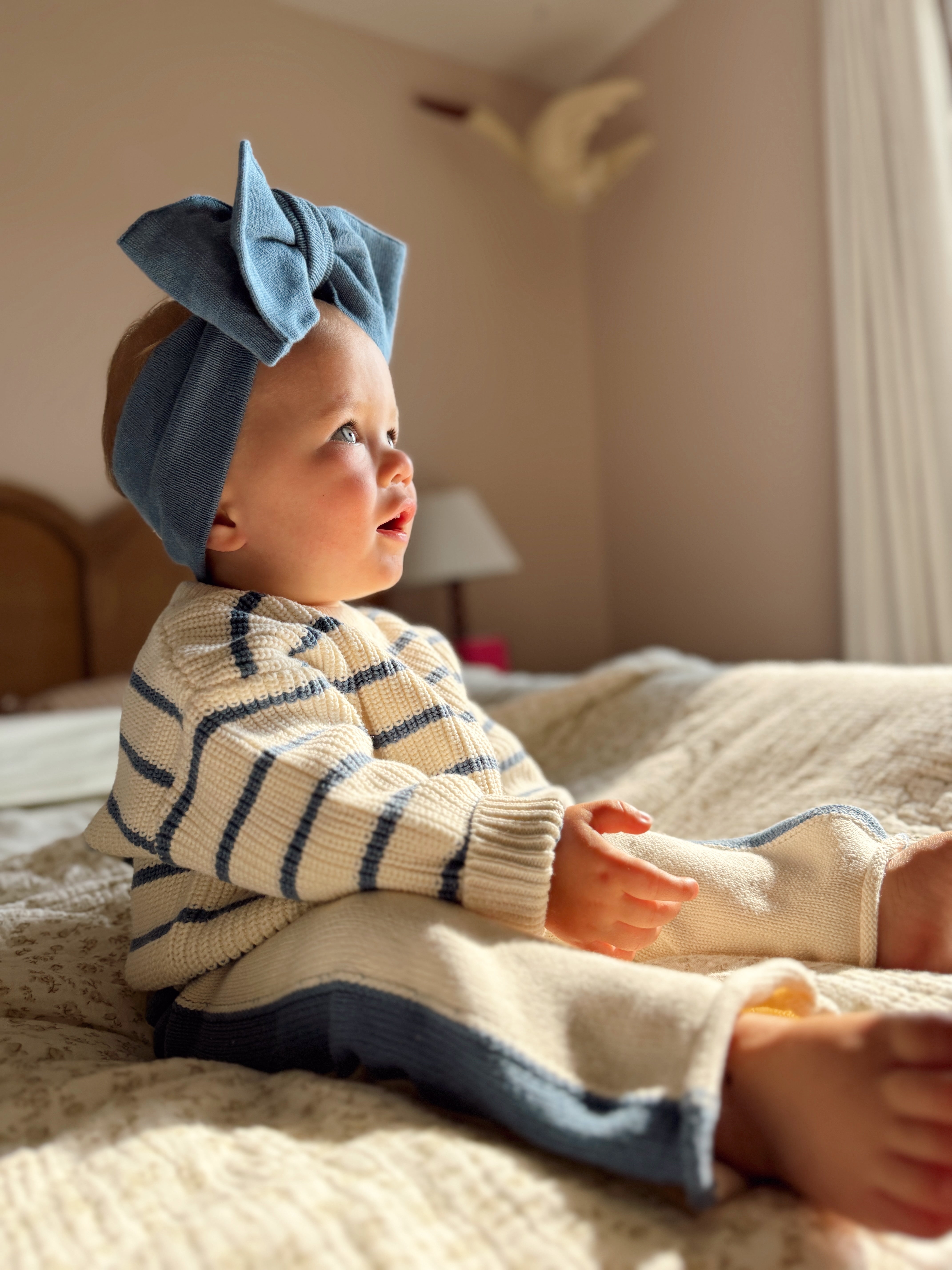 Knit Striped Pants - Cream & Denim Blue