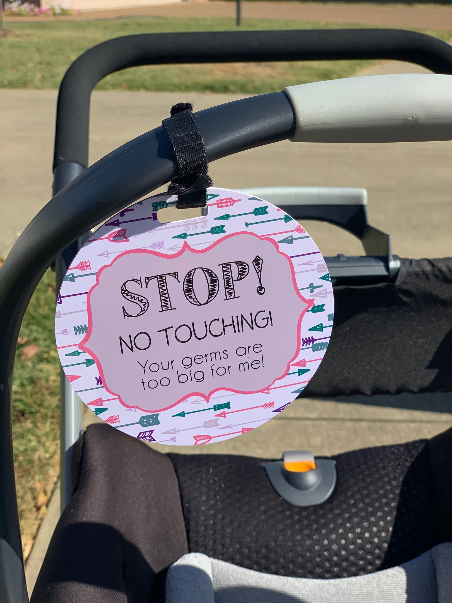 Girl Arrows Stop No Touching Newborn Baby Car Seat Sign Tag