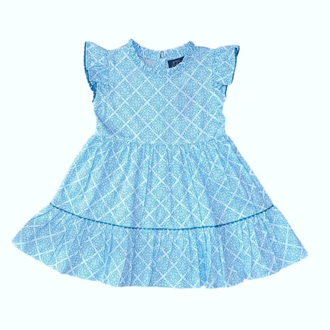 Geometric Blue Ruffle Dress
