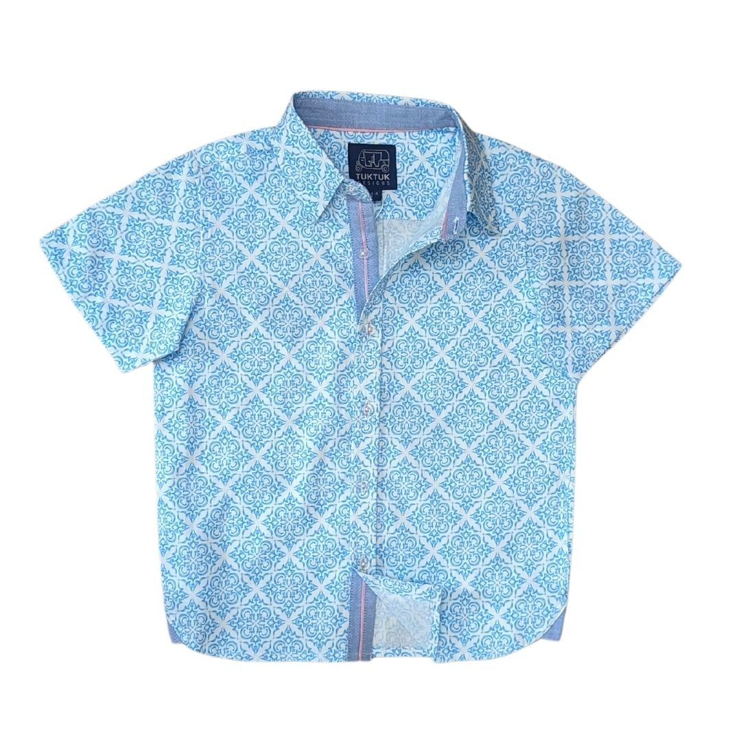 Geometric Blue Shirt In Short Sleeves