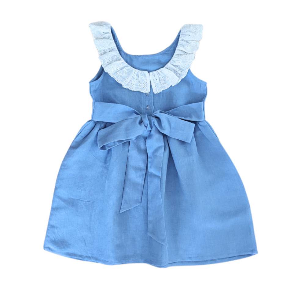 Blue Linen Lace Collar Dress