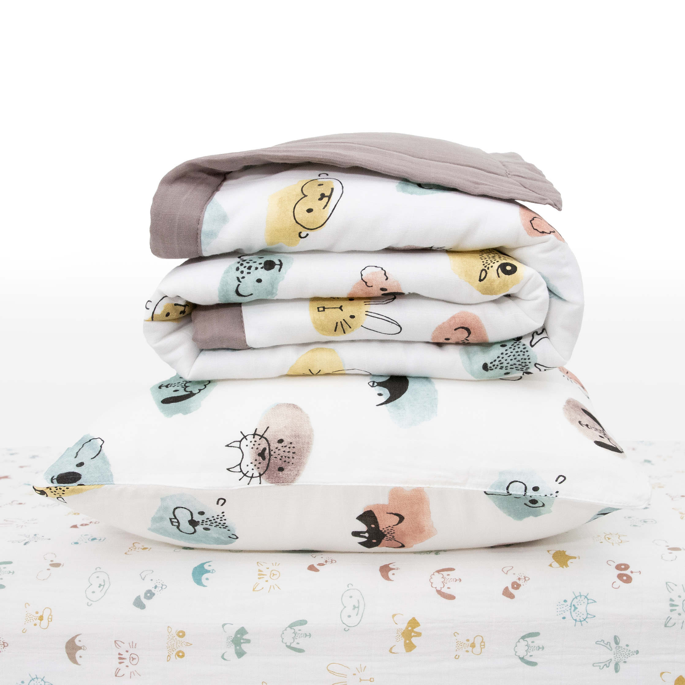 Cotton Muslin Toddler Bedding 3 Piece Set - Watercolor Critters