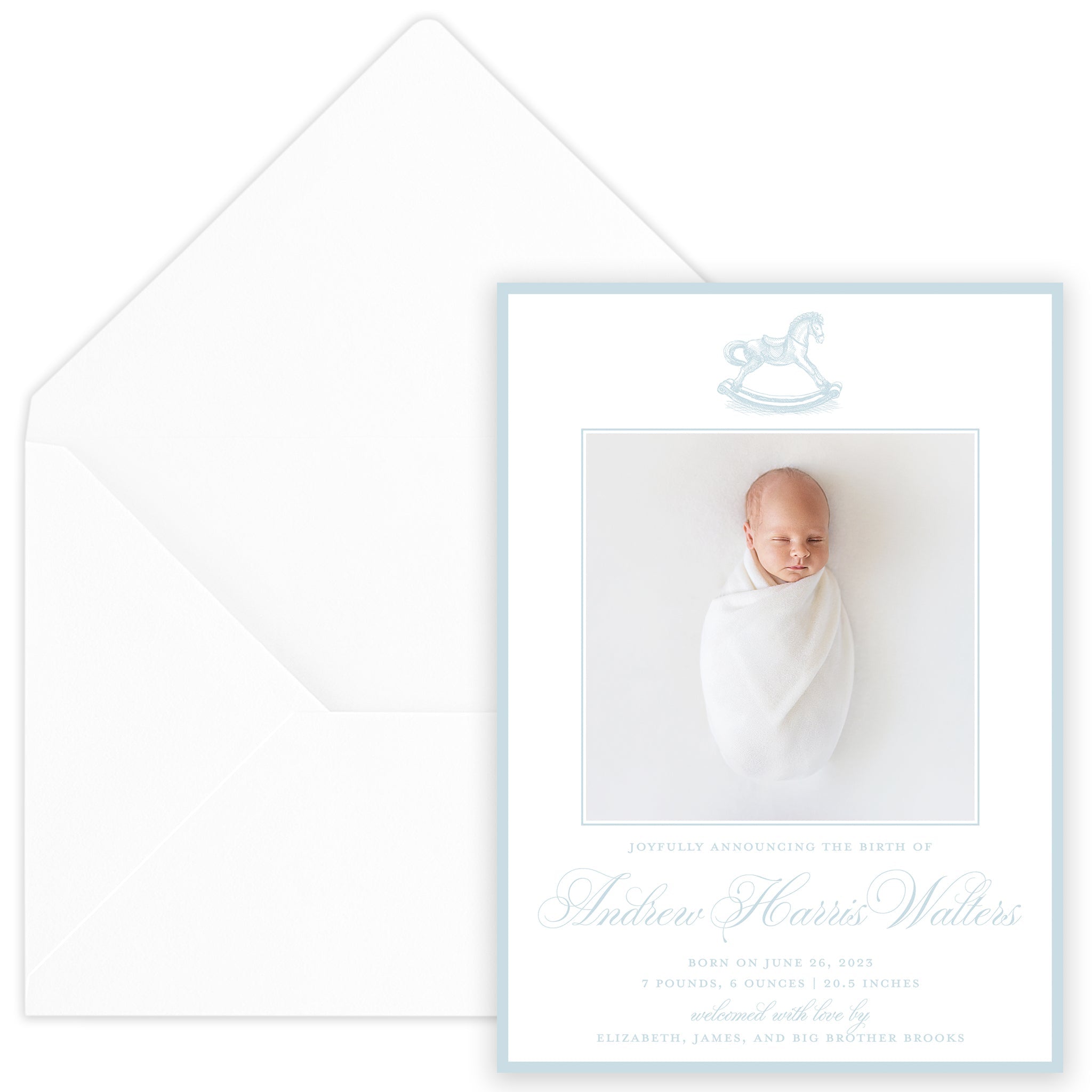 Blue Rocking Horse Birth Announcement