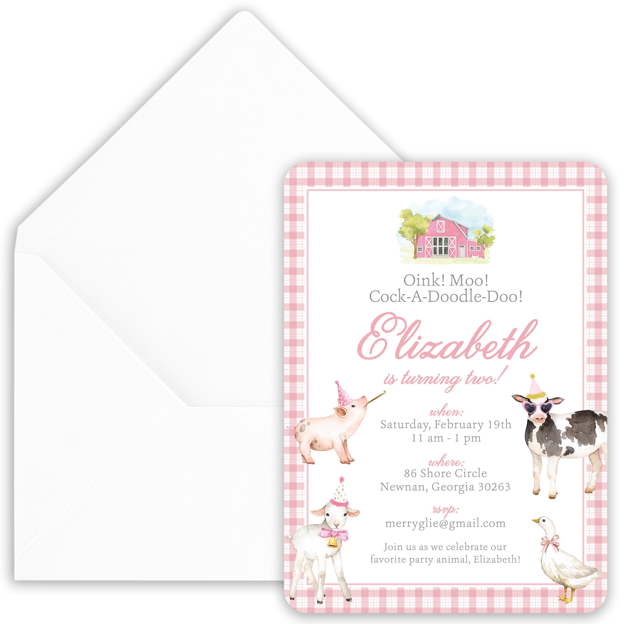 Pink Farm Animal Birthday Invitation
