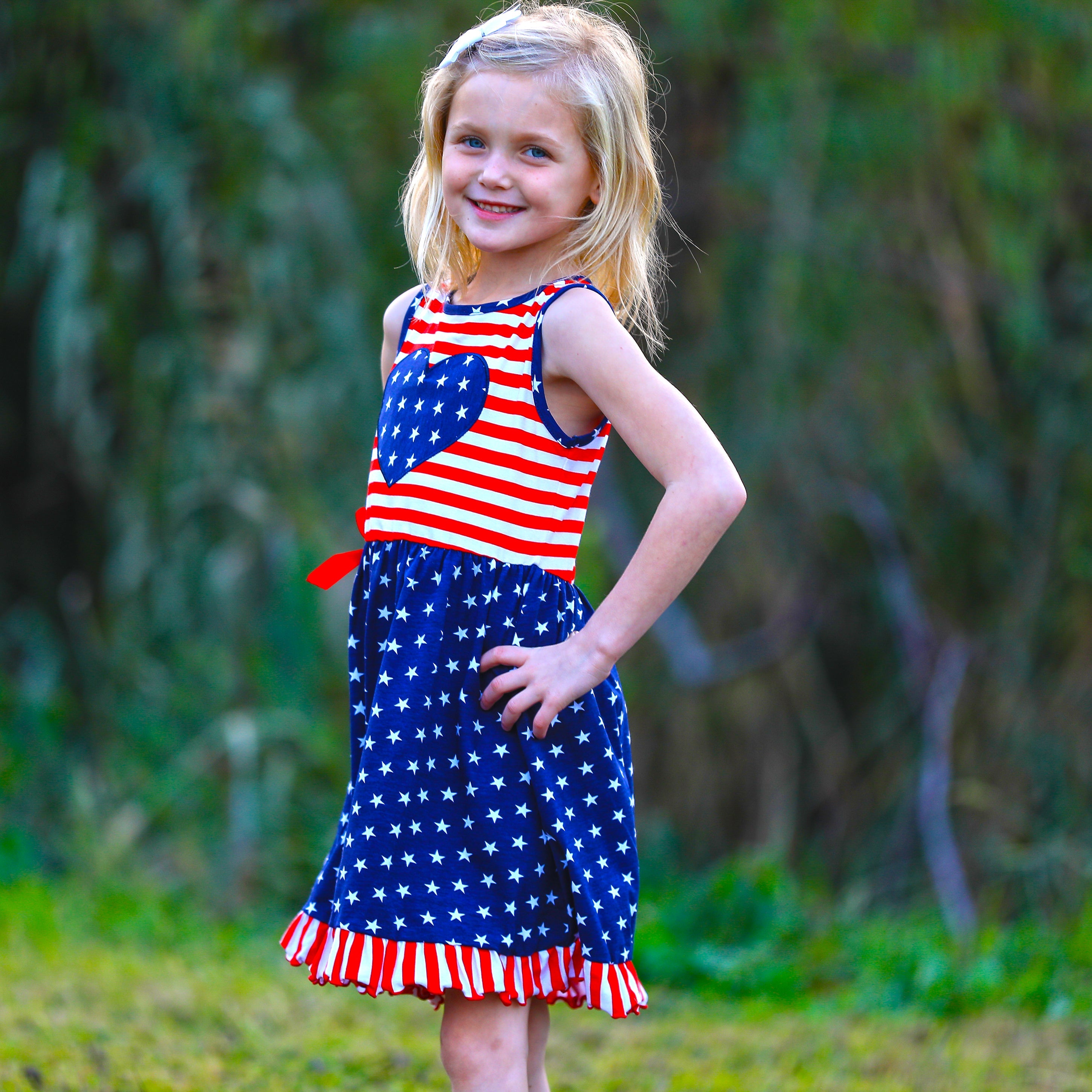 Annloren Girls 4th Of July Stars & Striped Heart Dress Red White & Blue