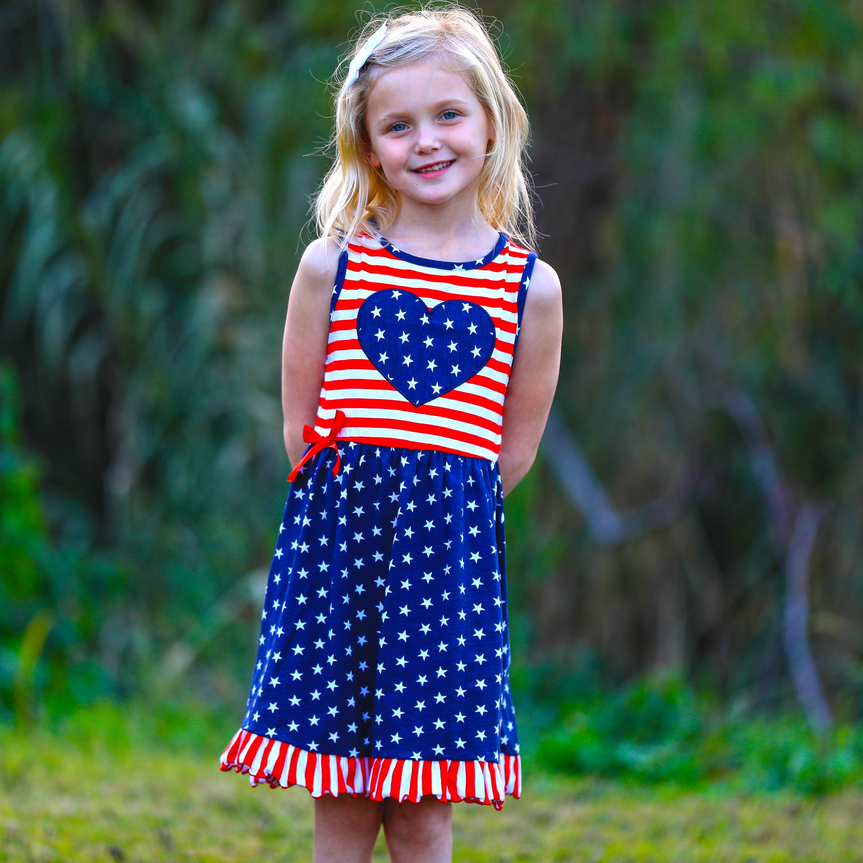 Annloren Girls 4th Of July Stars & Striped Heart Dress Red White & Blue