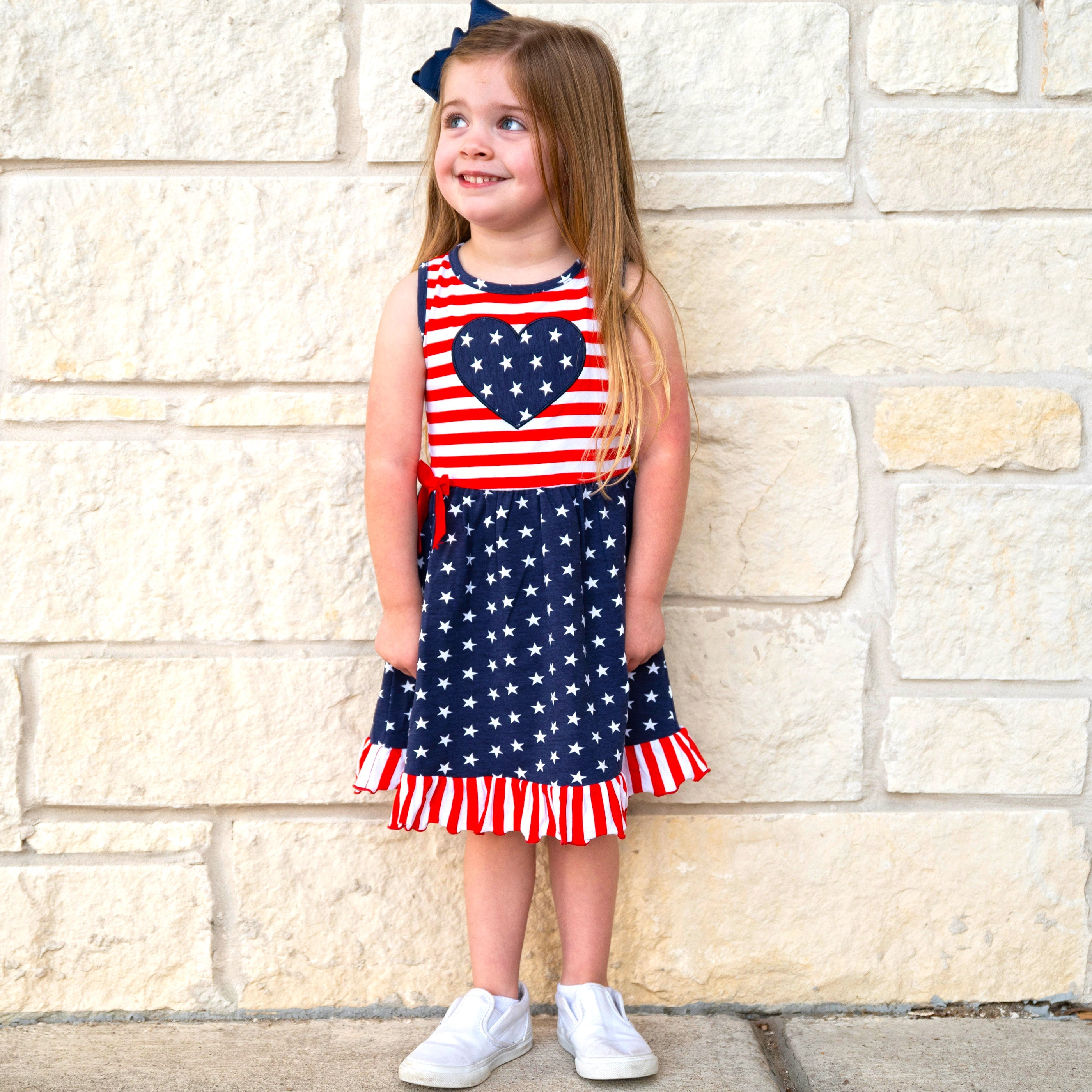 Annloren Girls 4th Of July Stars & Striped Heart Dress Red White & Blue