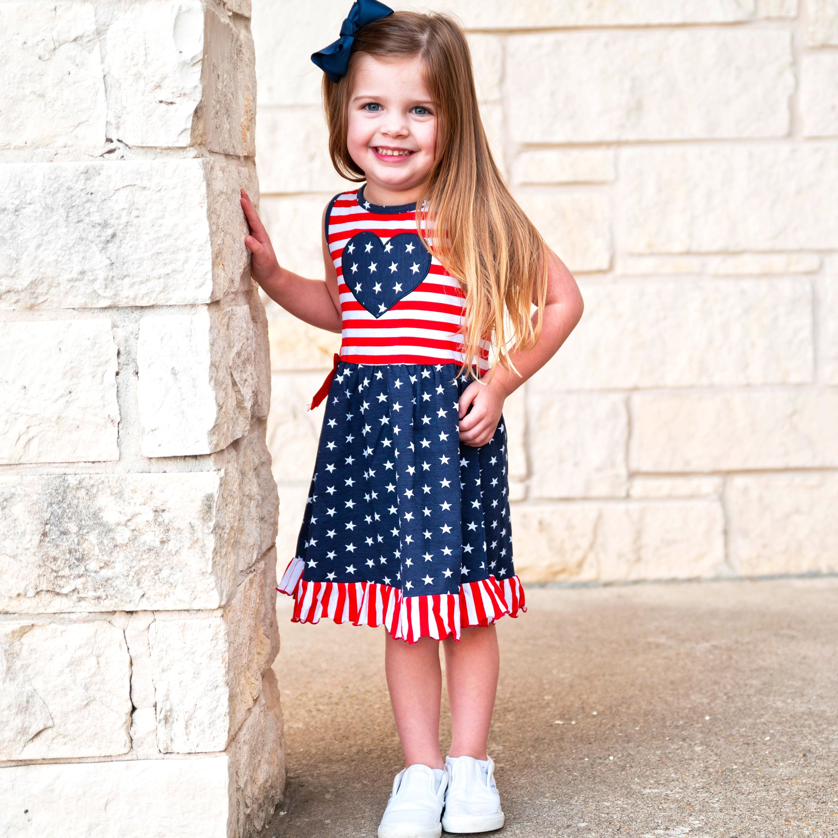 Annloren Girls 4th Of July Stars & Striped Heart Dress Red White & Blue