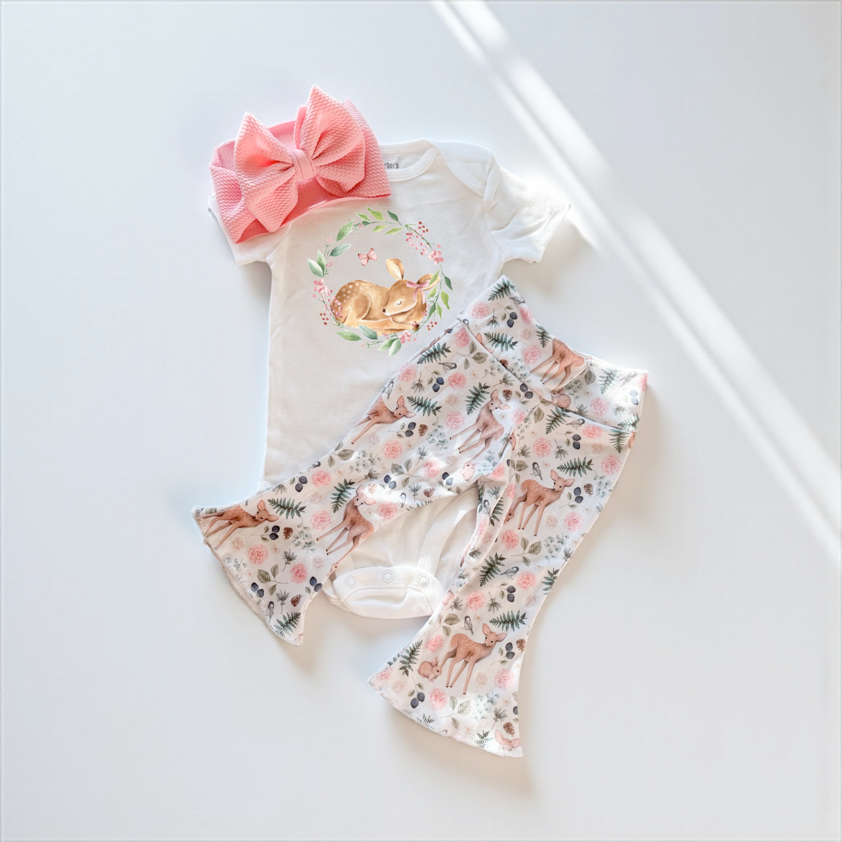 Woodland Deer Floral Baby Bell Bottom Outfit