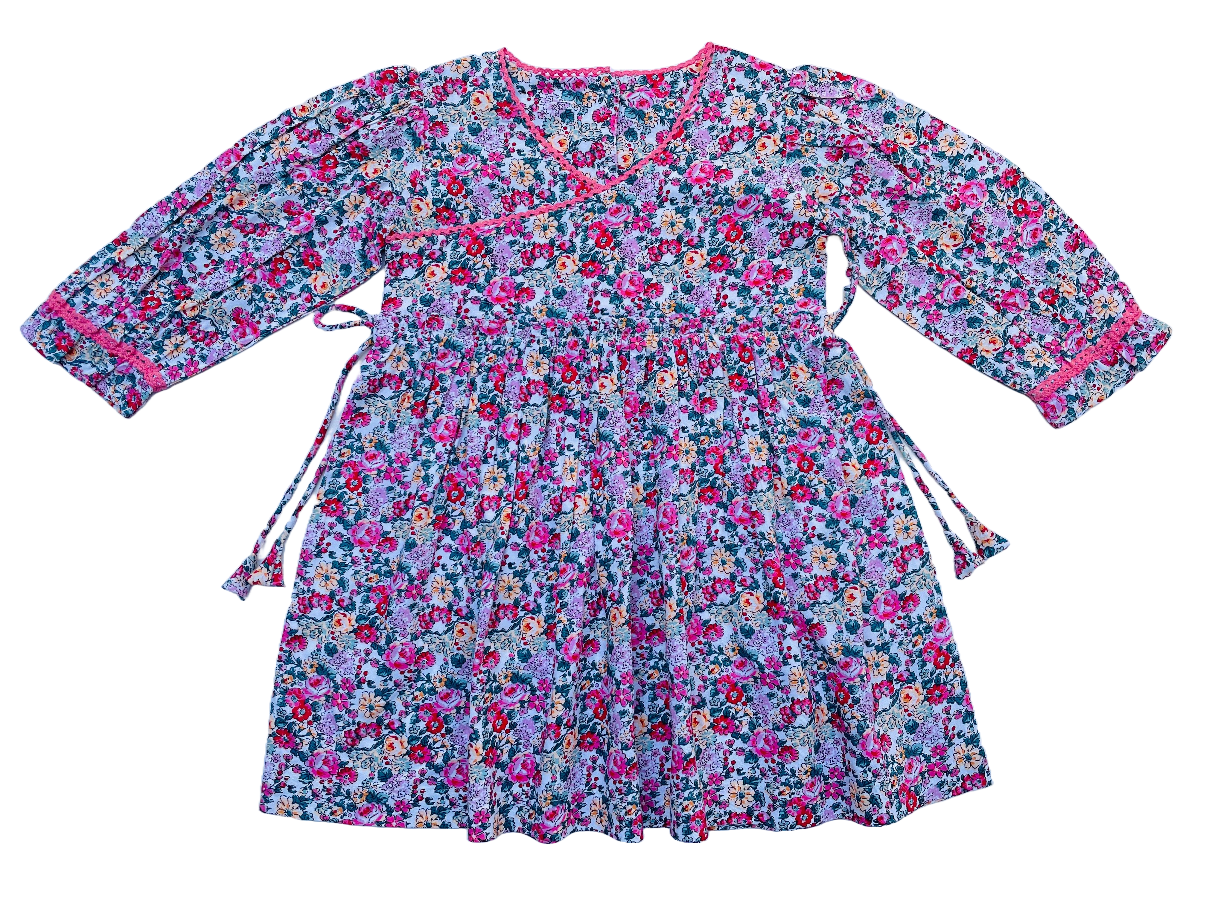 Long Sleeves Pink Bloom Overlap Girl's Cotton Dress