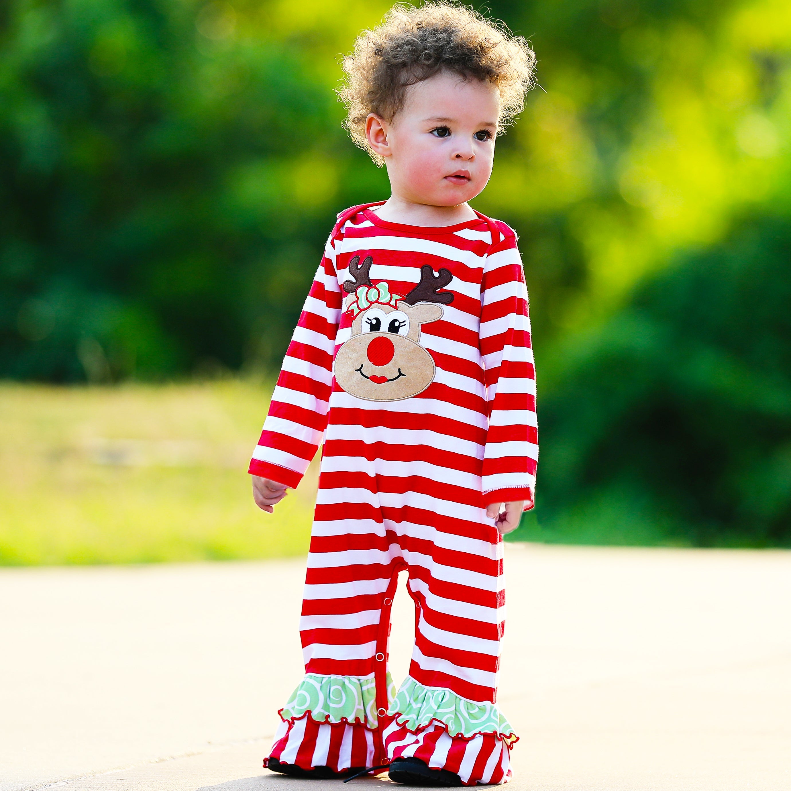 Annloren Baby Toddler Girls Boutique Christmas Reindeer Red Striped Romper