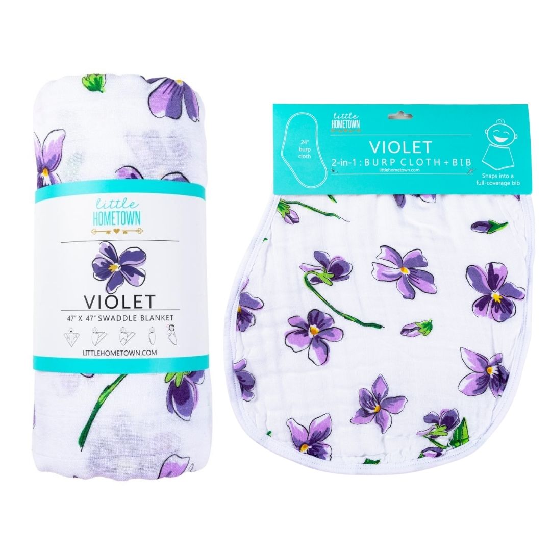 Gift Set: Violet Baby Muslin Swaddle Blanket And Burp Cloth/bib Combo