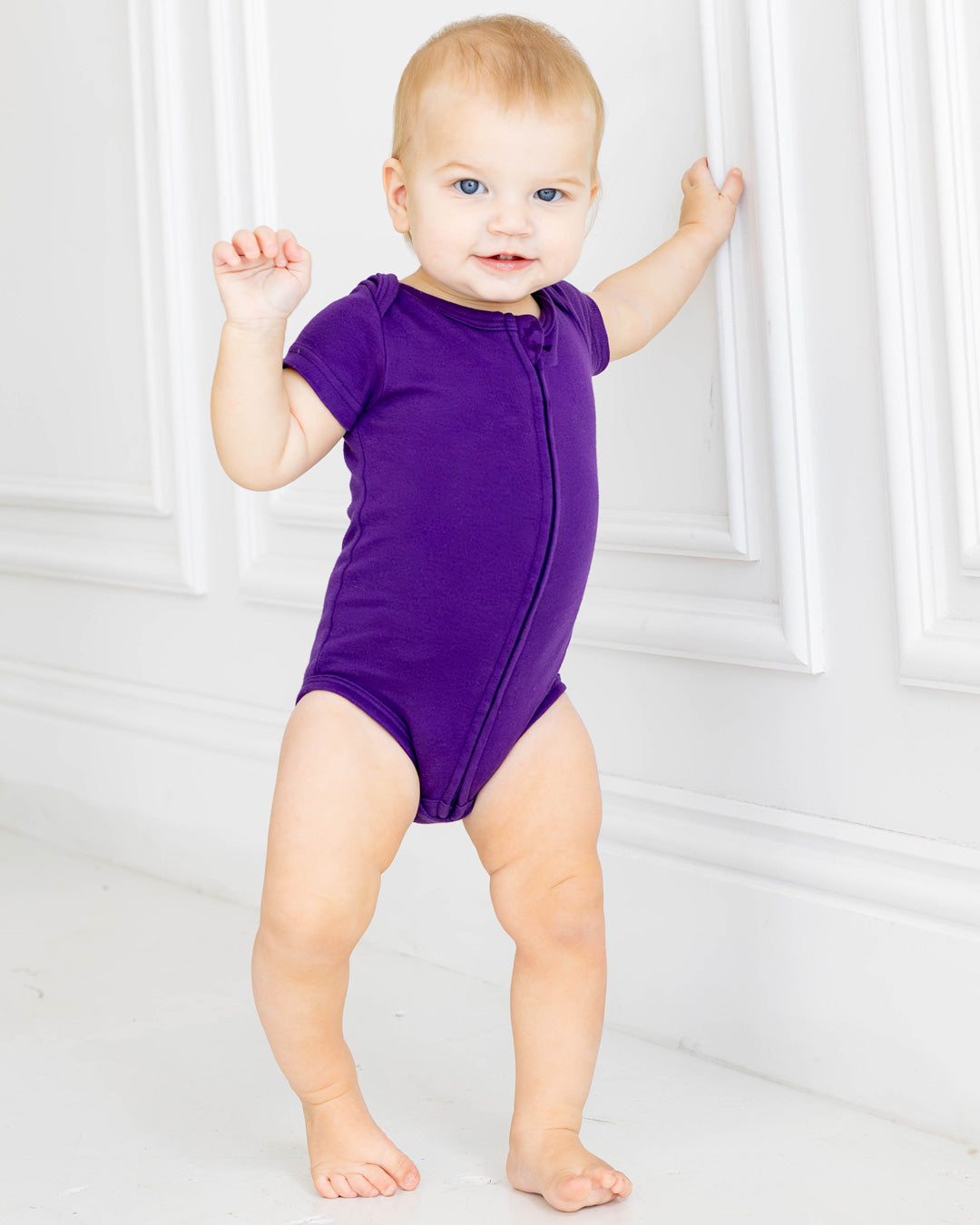 Short Sleeve Zipper Bodysuit In Violet, 3-6m