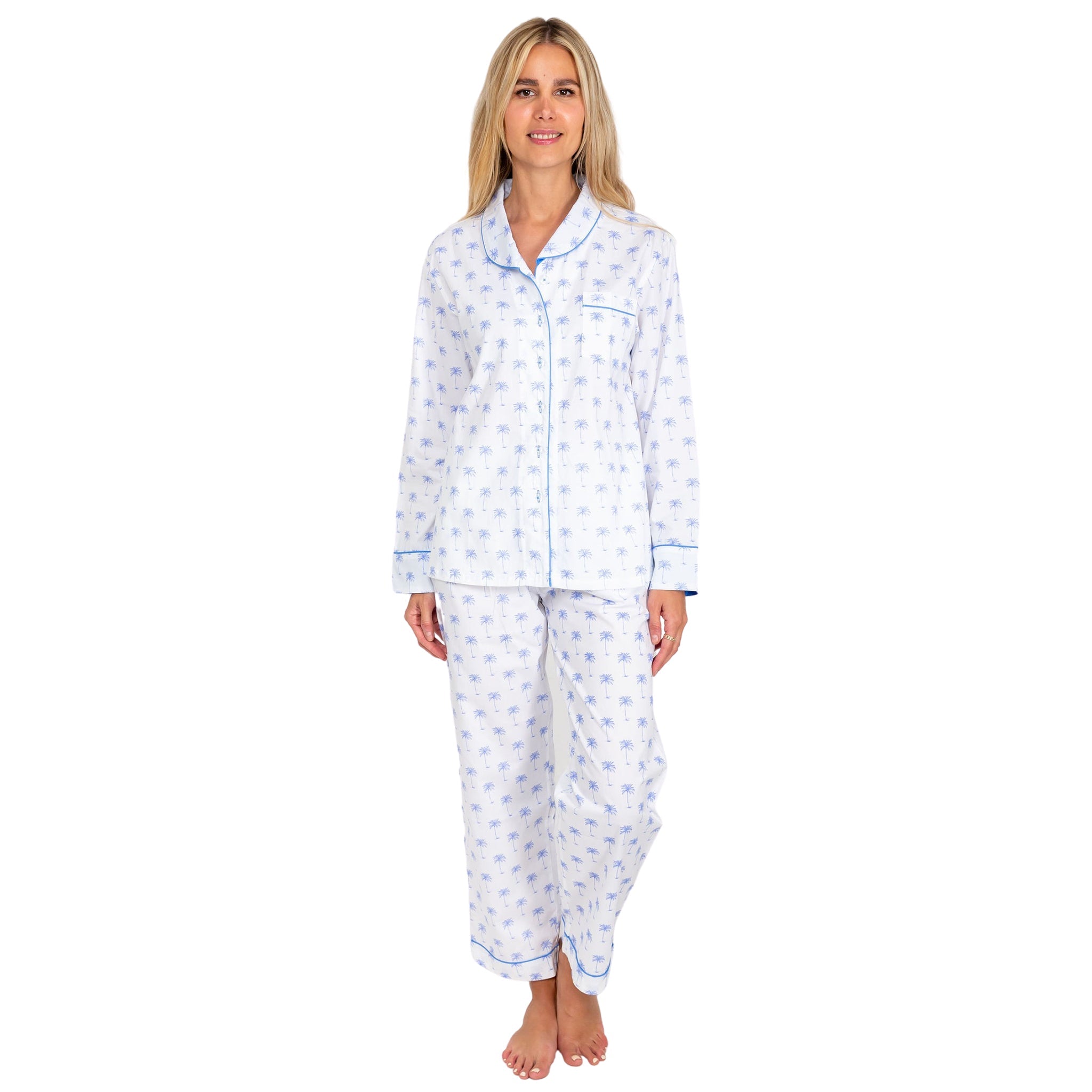 Women's Blue Palm Tree Long Pj Set