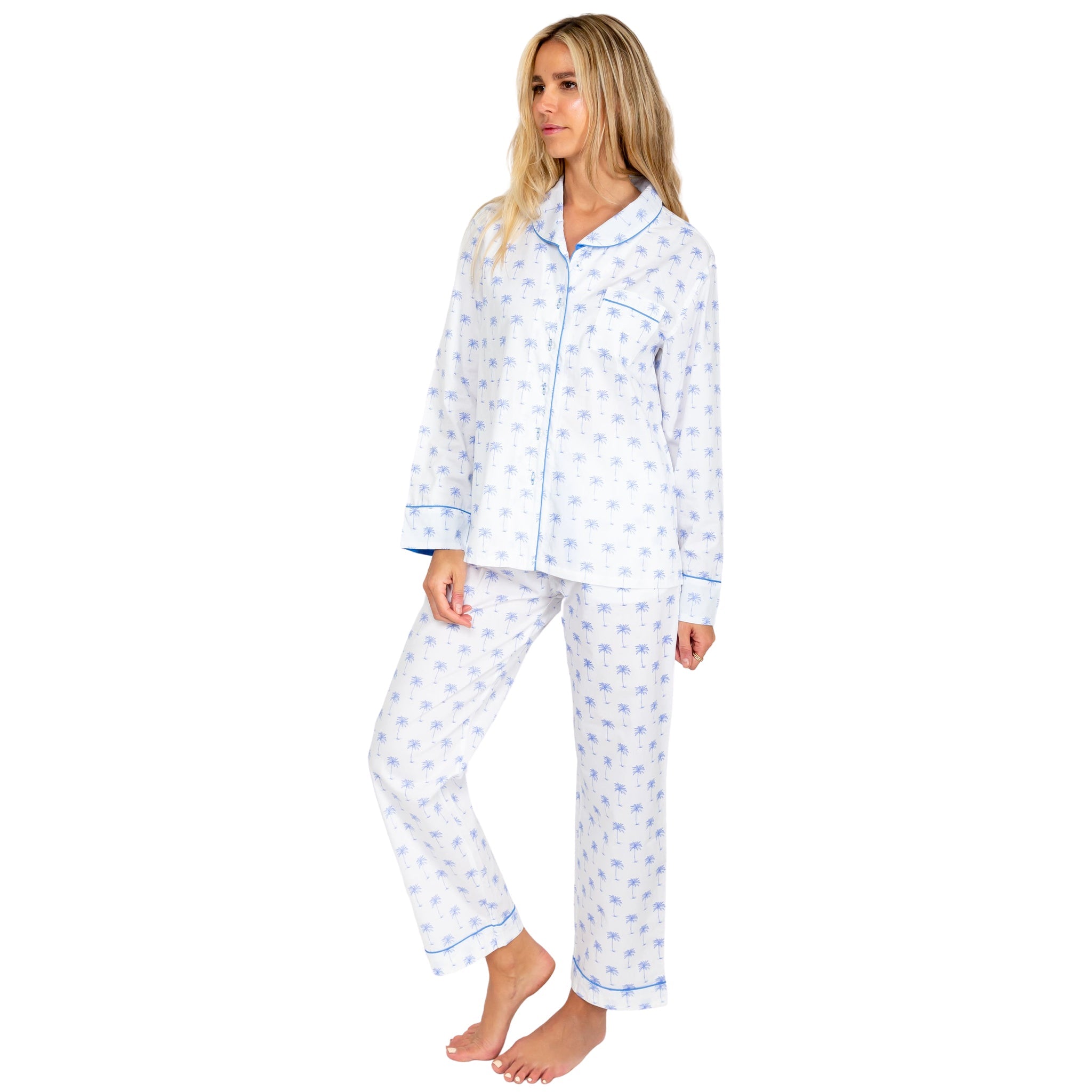 Women's Blue Palm Tree Long Pj Set