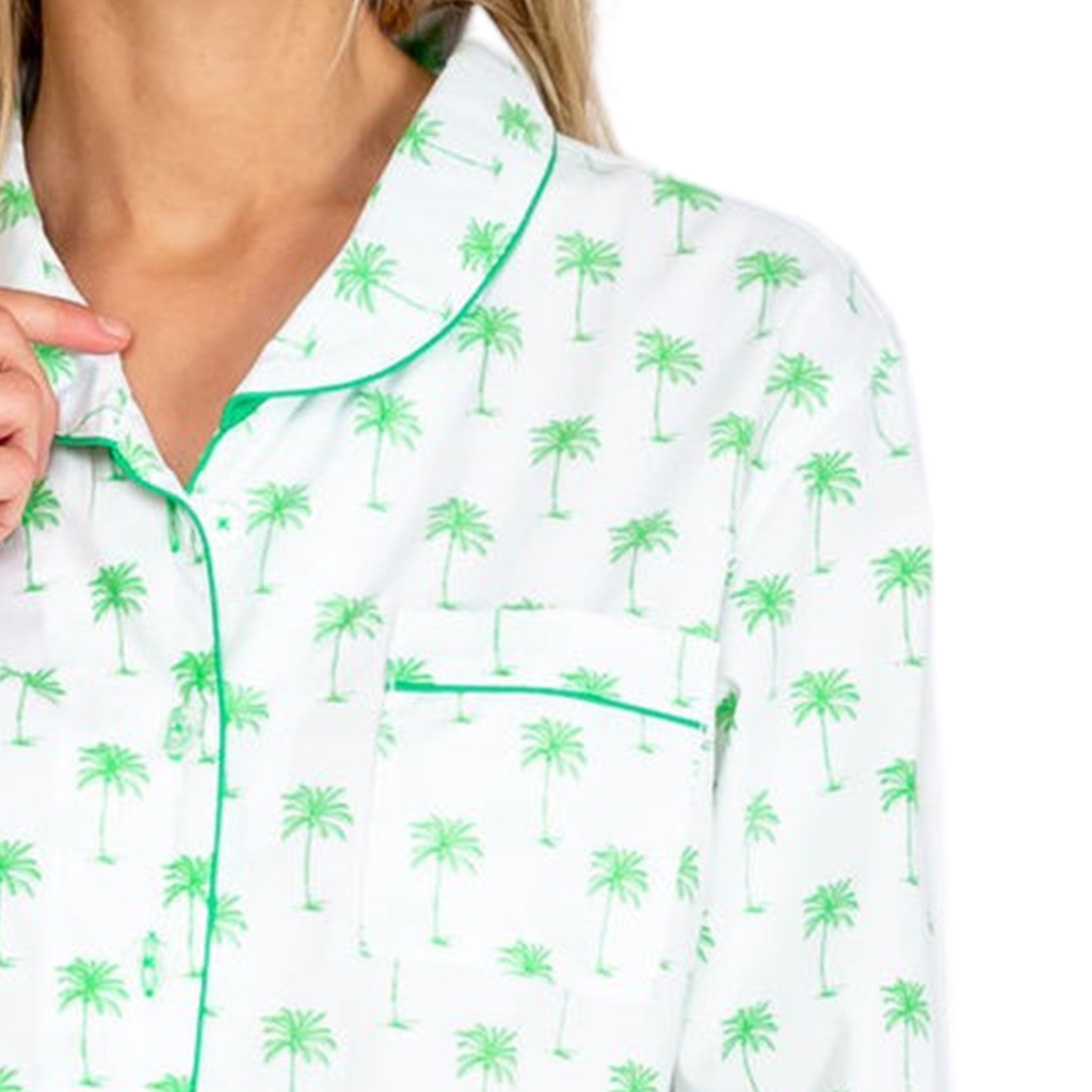 Women's Green Palm Tree Long Pj Pant Set