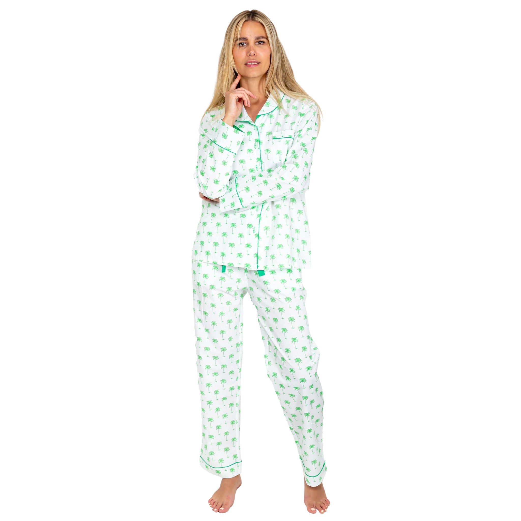 Women's Green Palm Tree Long Pj Pant Set