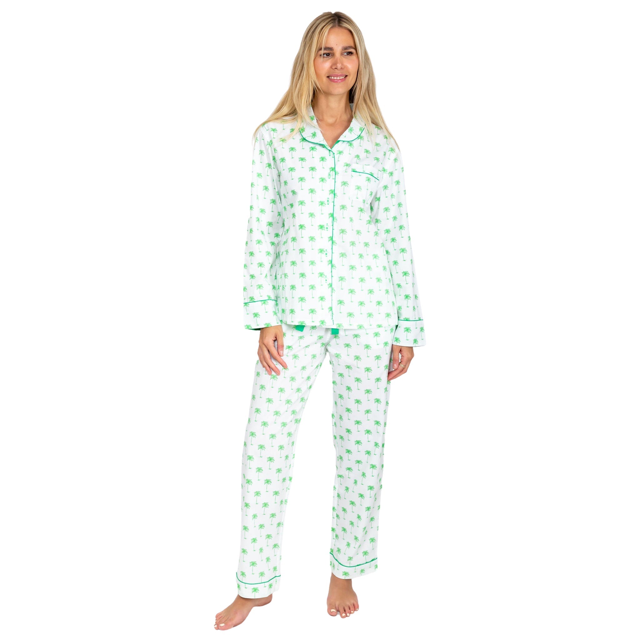 Women's Green Palm Tree Long Pj Pant Set