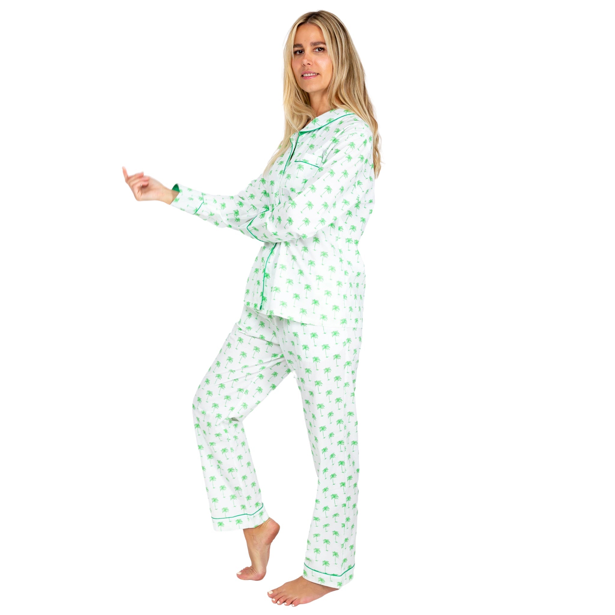 Women's Green Palm Tree Long Pj Pant Set