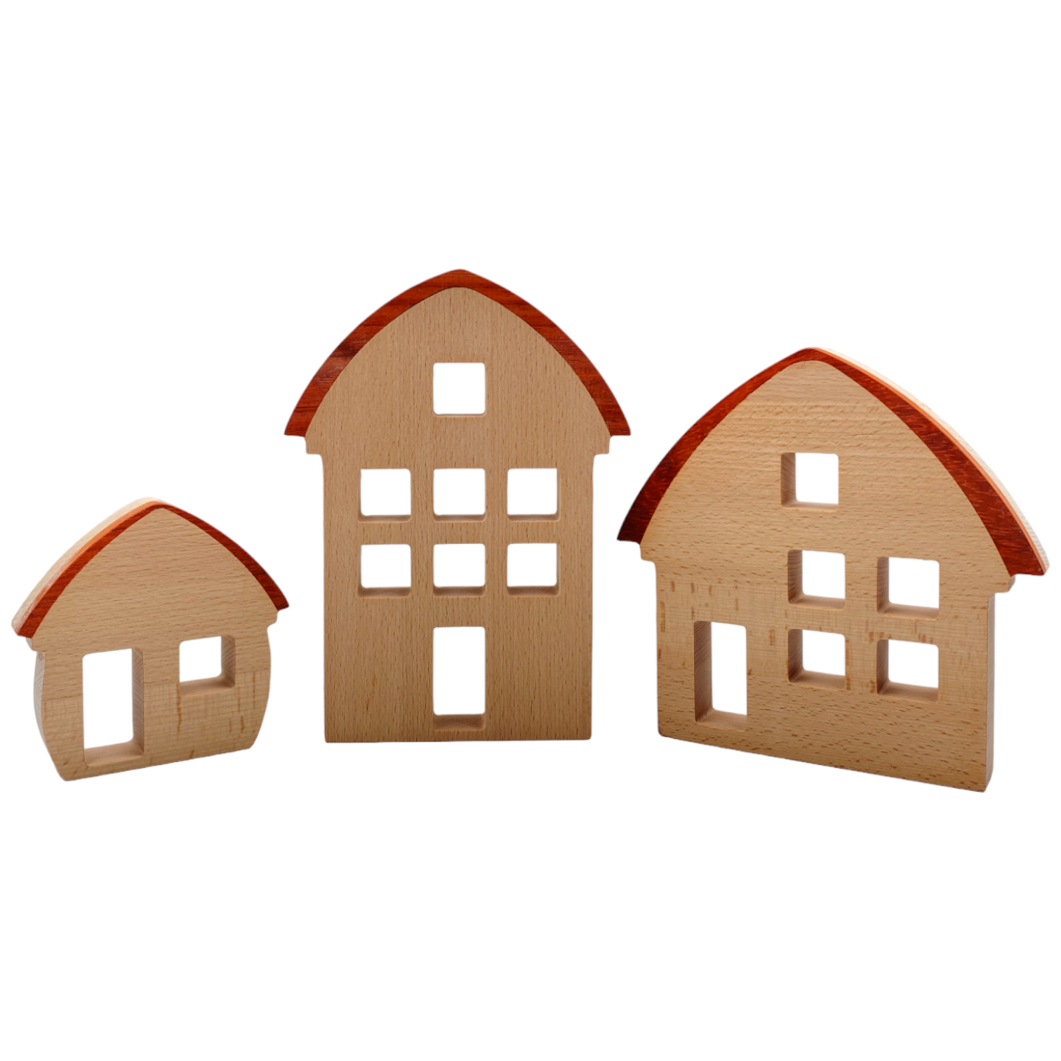 3 Pcs Wooden Window Houses With Darker Roofs