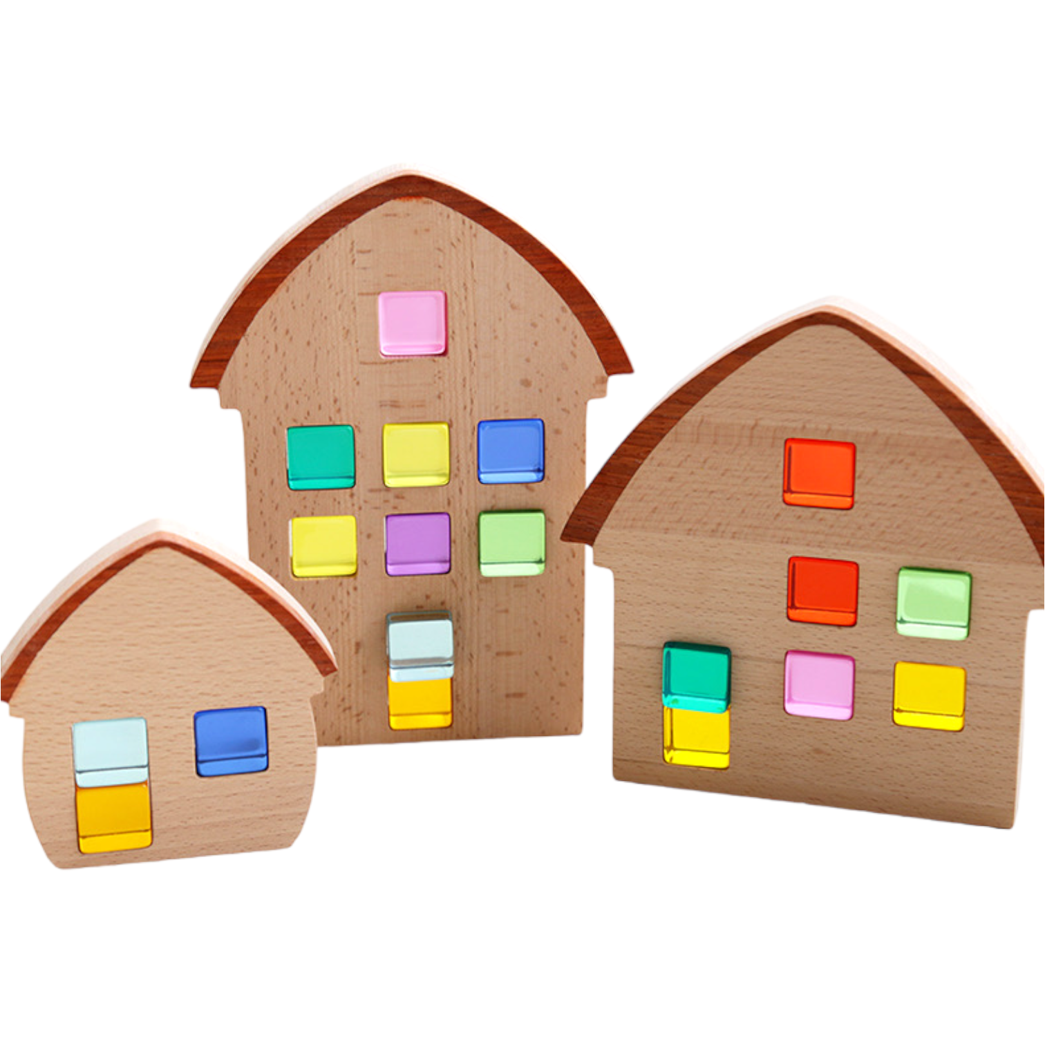 3 Pcs Wooden Window Houses With Darker Roofs