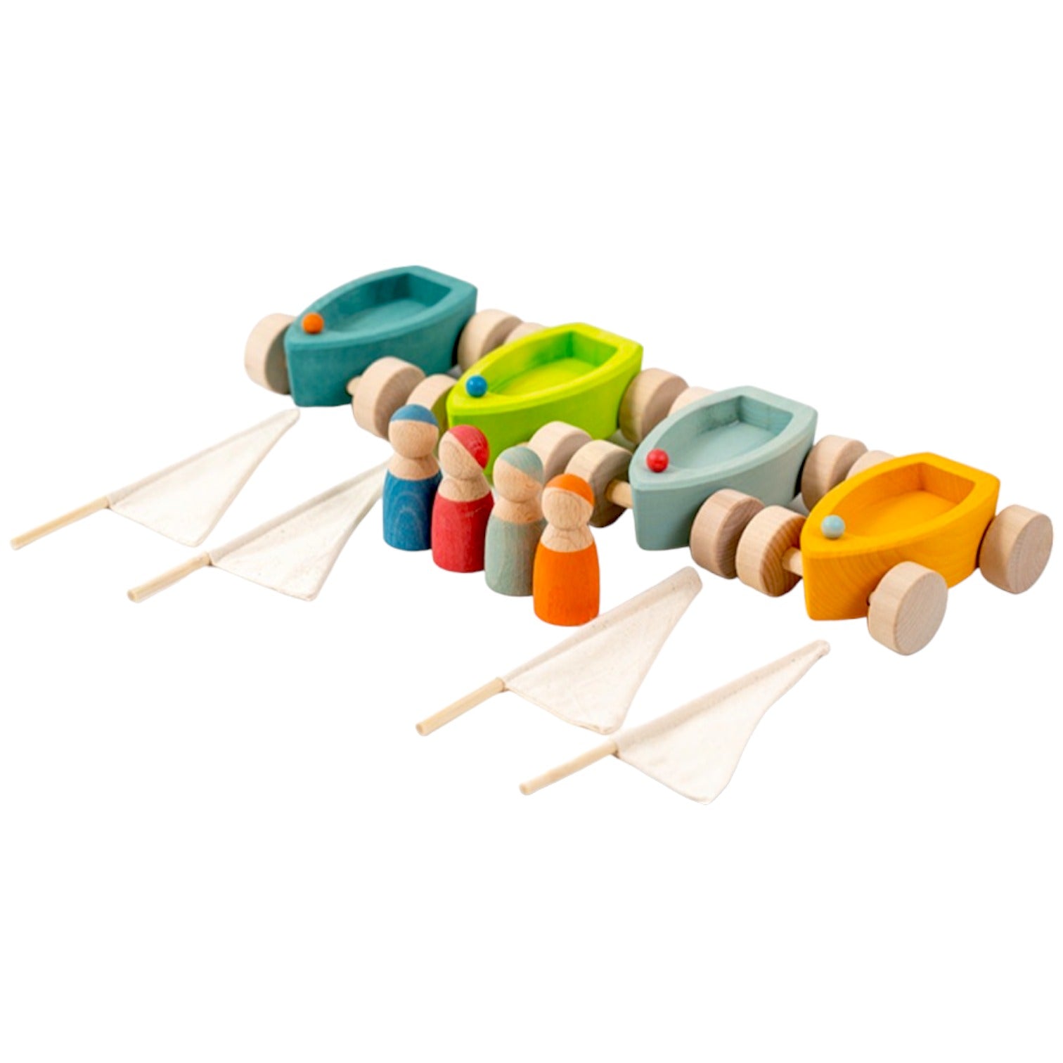 4 Pcs Stained Wooden Land Yachts Set With 4 Pcs Peg Dolls