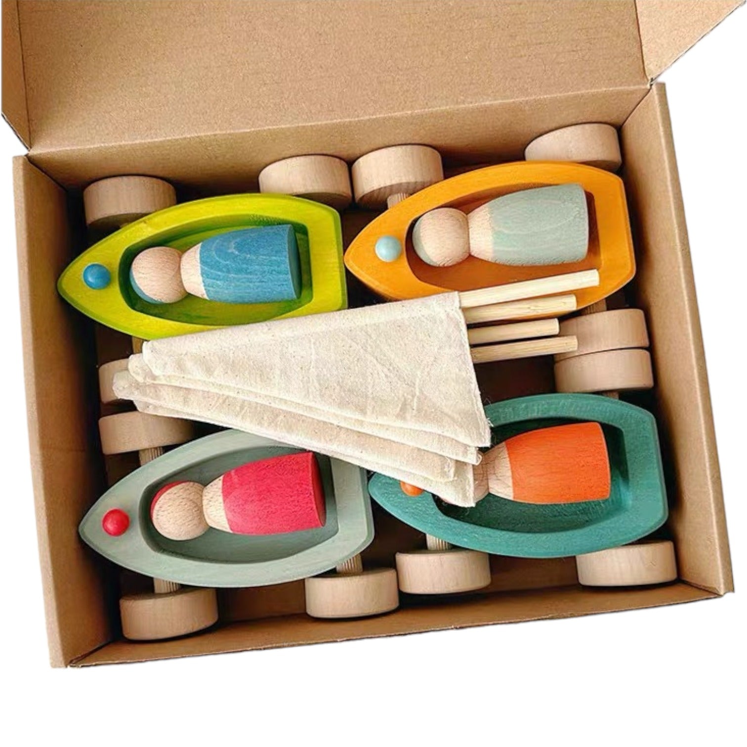 4 Pcs Stained Wooden Land Yachts Set With 4 Pcs Peg Dolls