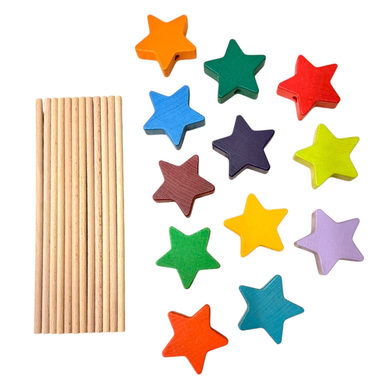 12 Pcs Wooden Star Wand Set In Rainbow And Natural Colors