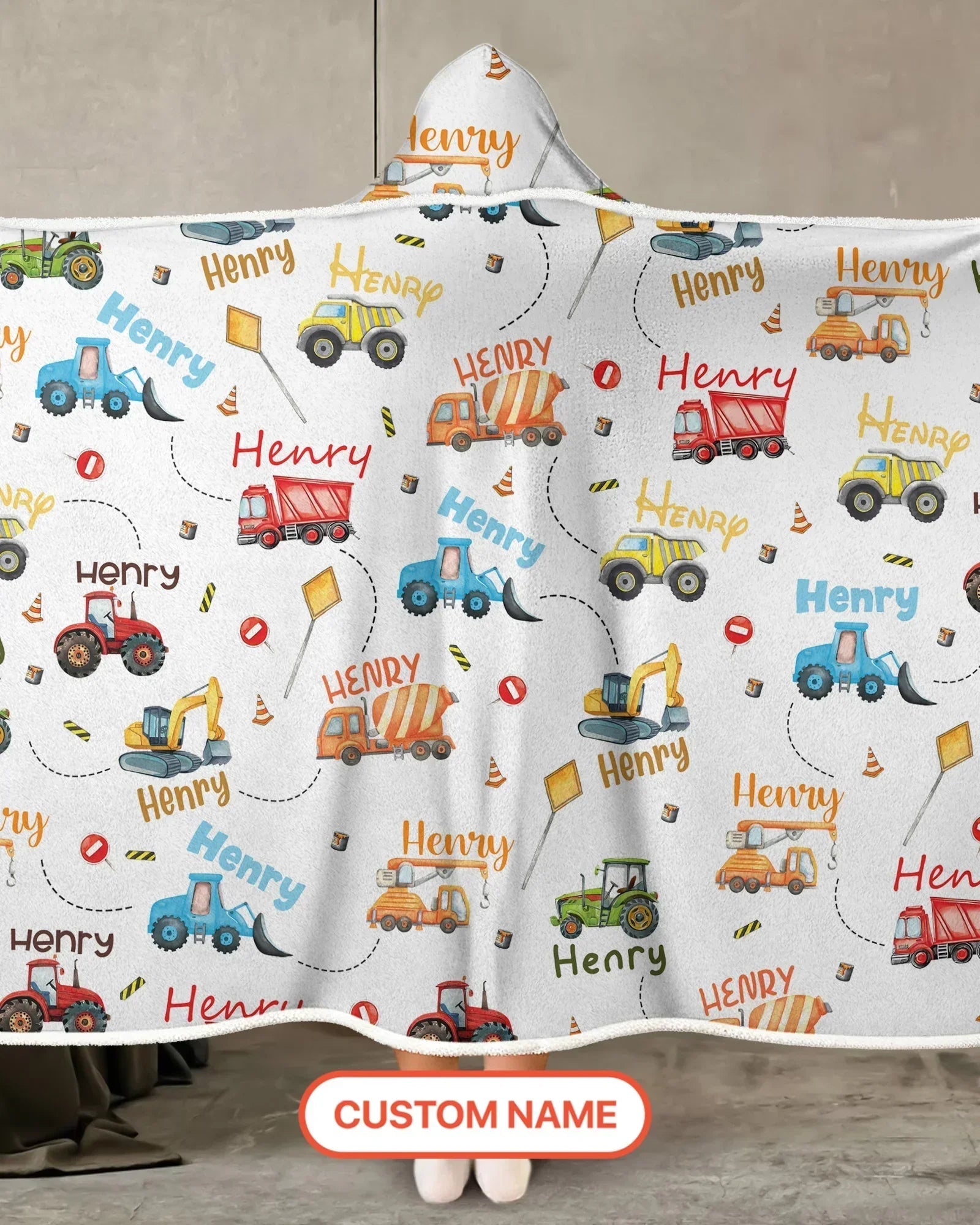 Construction Vehicles Custom Name Bamboo Wearable Hooded Blanket