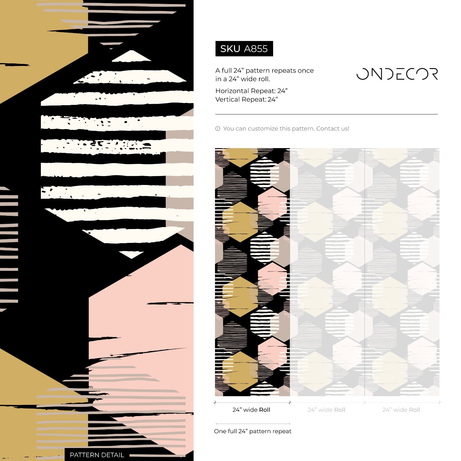 Geometric Wallpaper With Textured Hexagons In Black, Pink, And Gold - A855