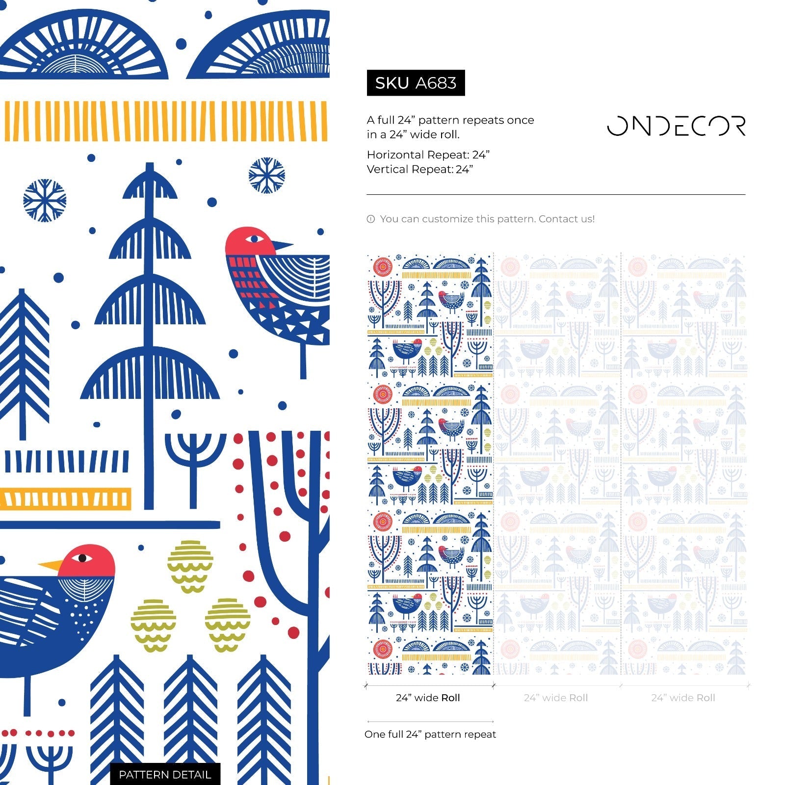 Folk Art Wallpaper With Stylized Birds And Trees In Blue, Red, And Yellow - A683