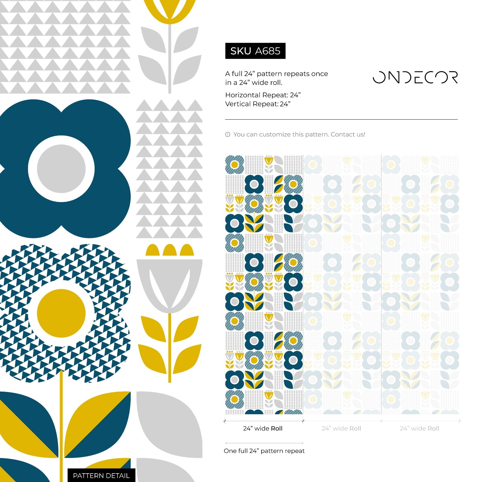 Scandinavian Wallpaper With Geometric Block Flowers In Teal, Yellow, And Gray - A685