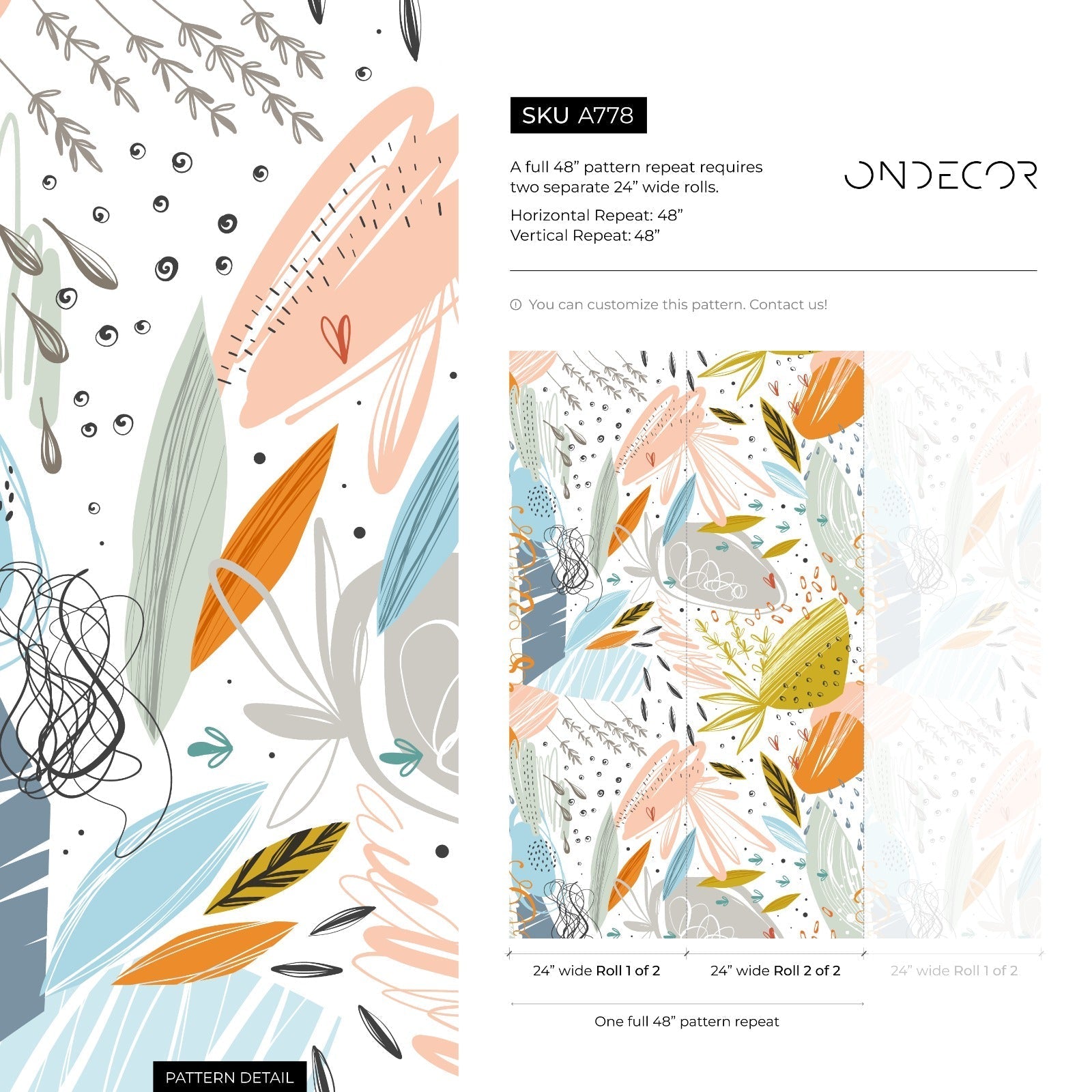 Scandinavian Wallpaper With An Abstract Botanical Collage In Orange, Blue, And Pink - A778
