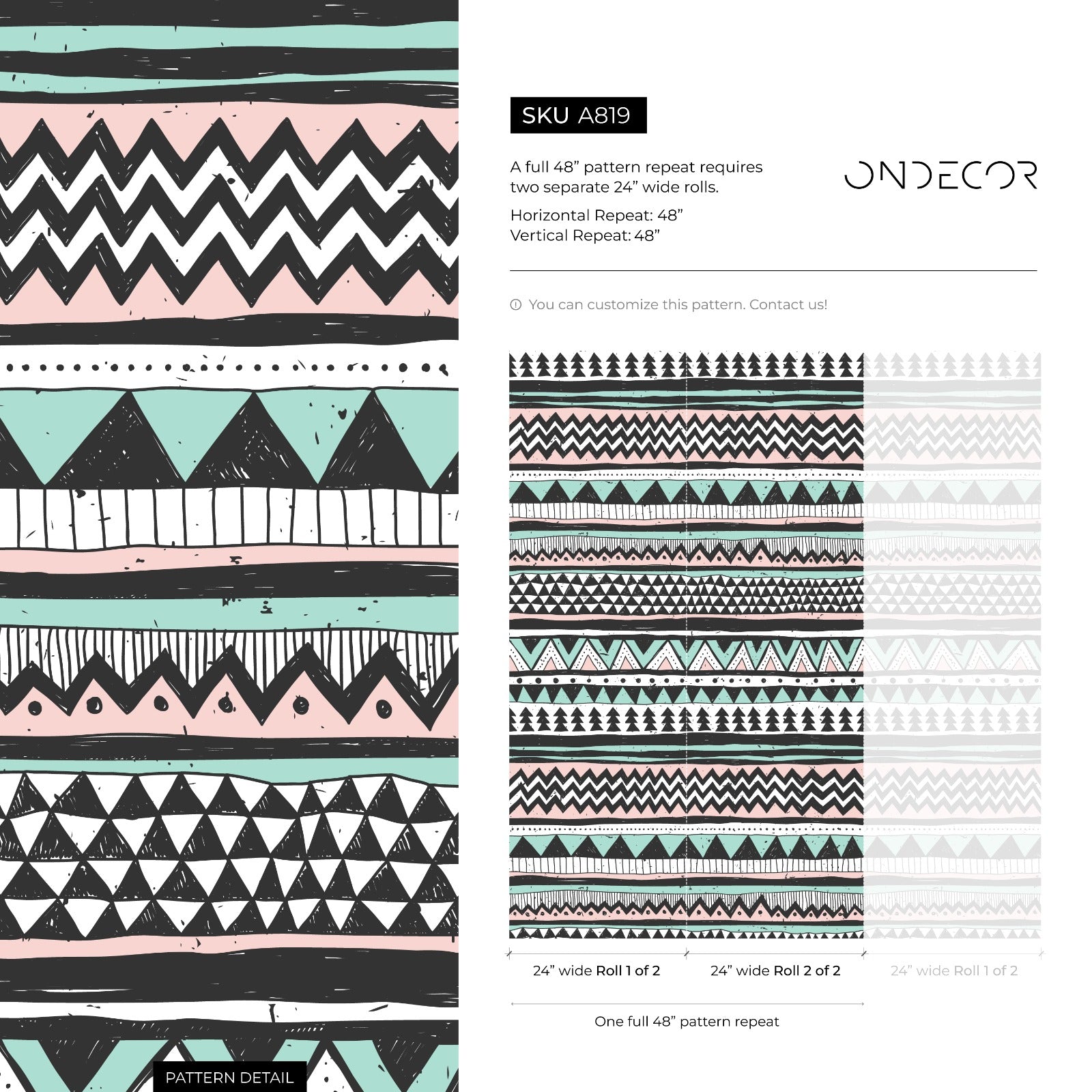 Tribal Wallpaper With Hand-drawn Scandi Stripes In Black, Pink, And Mint Green - A819