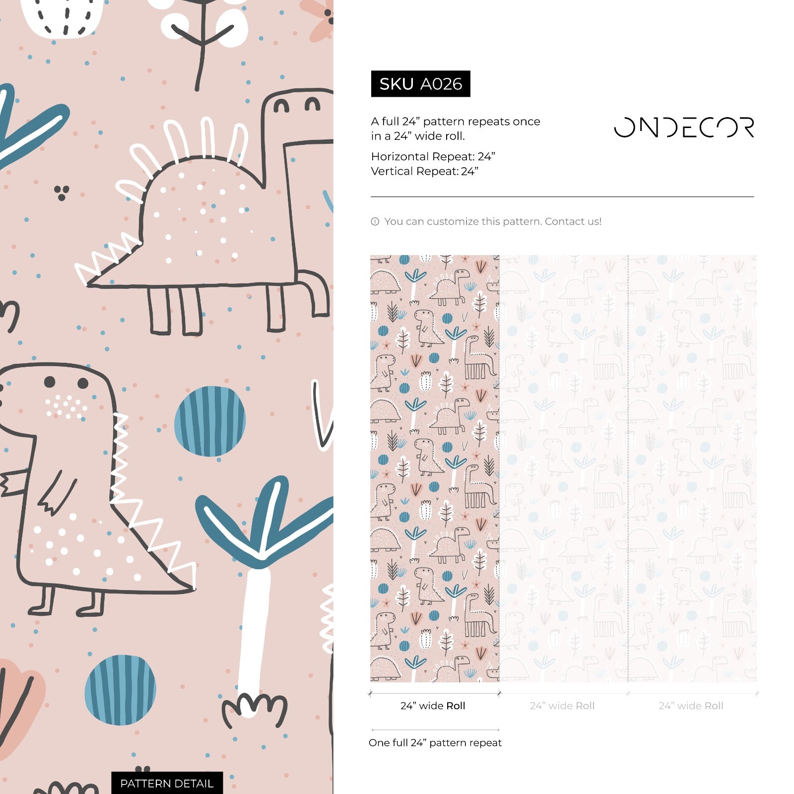 Dinosaur Wallpaper With Hand-drawn Dinos And Plants In Pink, Blue, And Black - A026