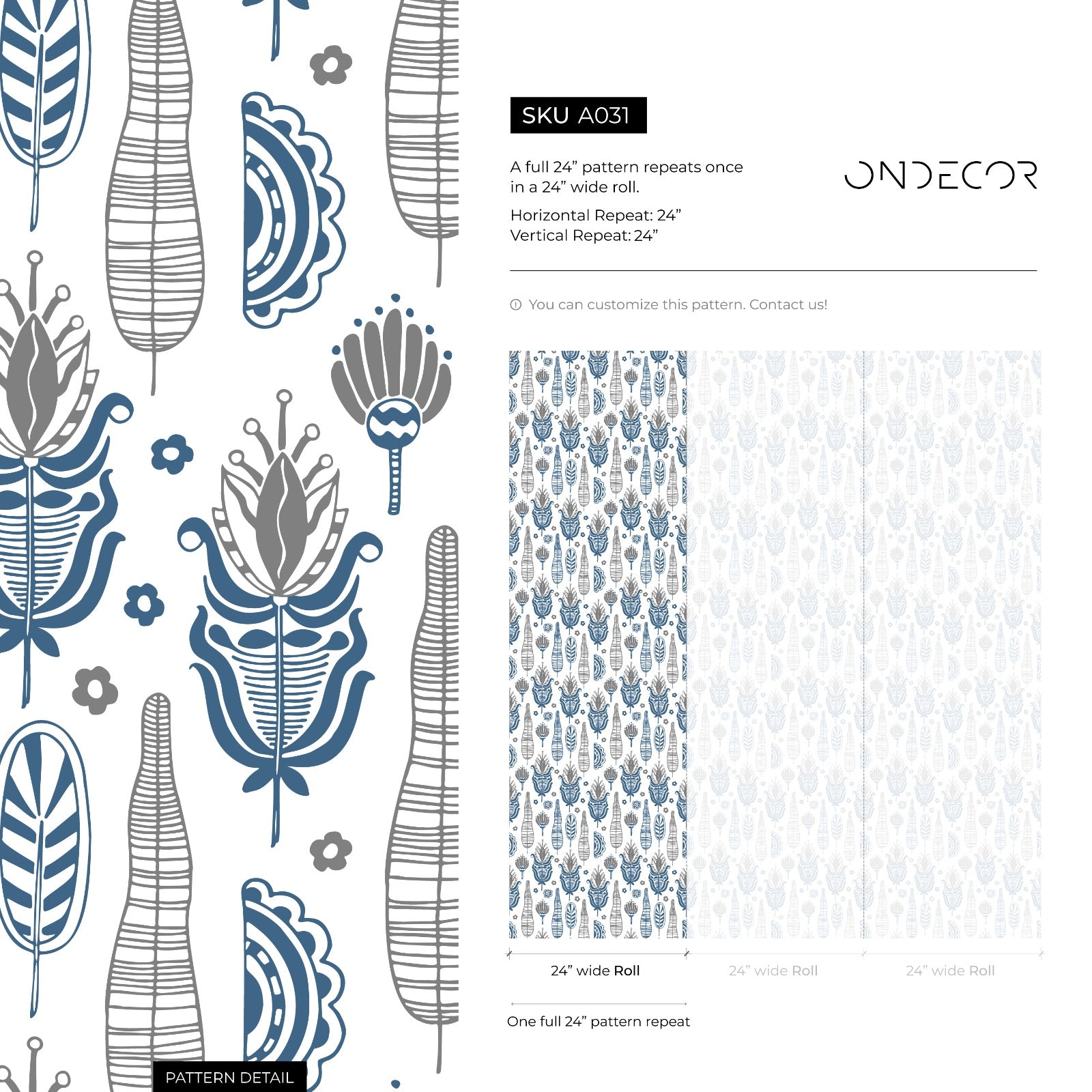 Folk Art Wallpaper With Stylized Floral Motifs In Blue And Gray - A031