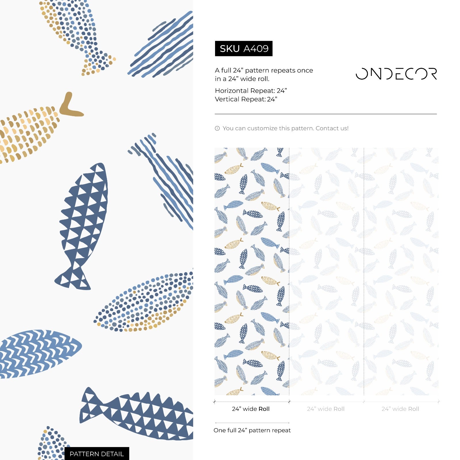 Scandinavian Wallpaper With A Minimalist Fish Motif In Blue And Gold - A409