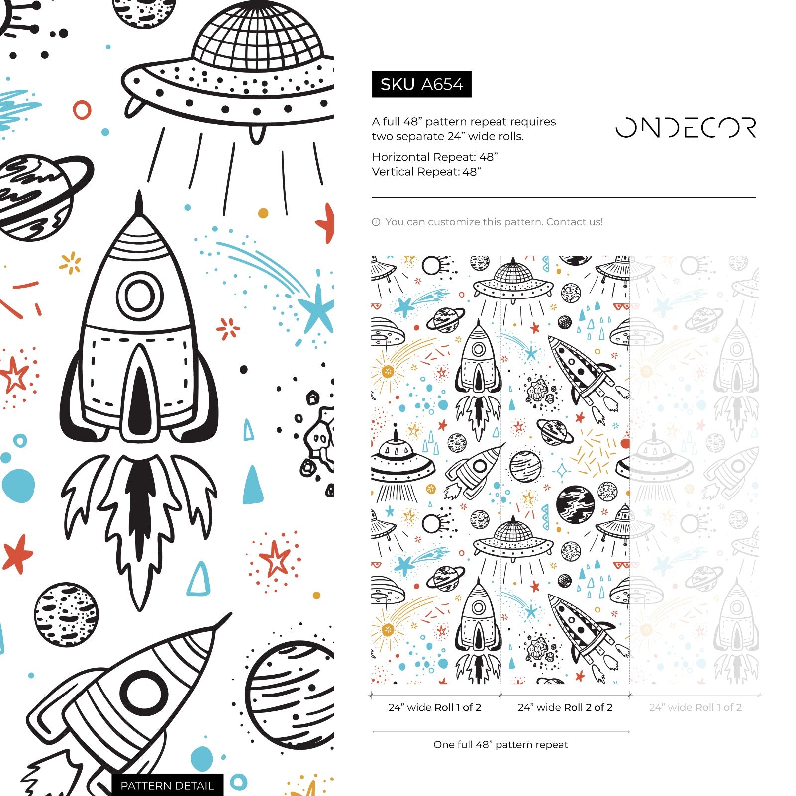 Space Wallpaper With Hand-drawn Rockets And Planets In Black, Blue, And Red - A654