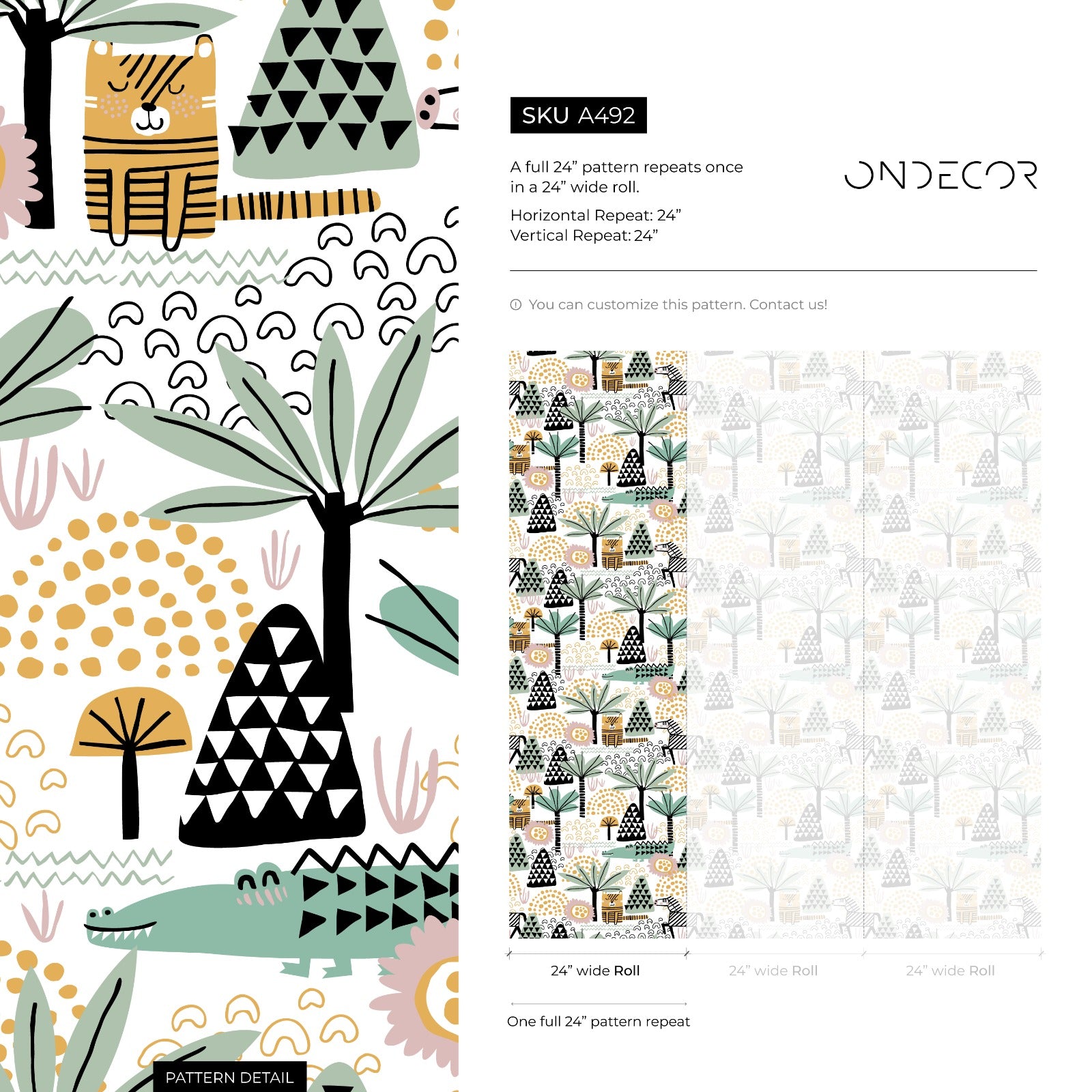 Jungle Wallpaper With Stylized Tigers And Palms In Green And Ochre - A492