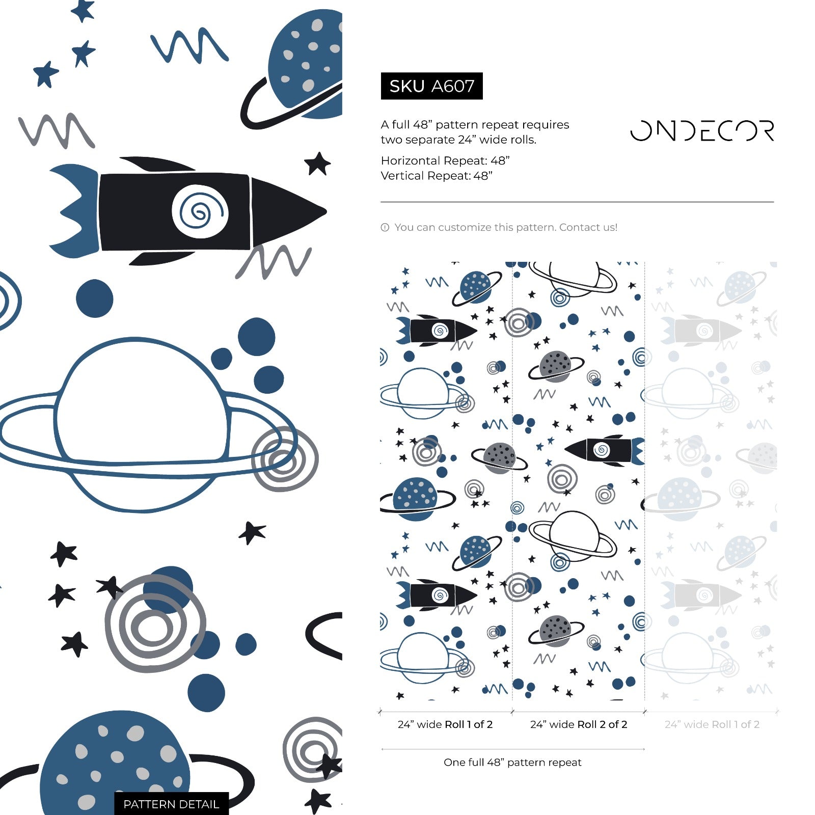 Kids Wallpaper With Rockets And Planets In Blue, Grey, And Black - A607