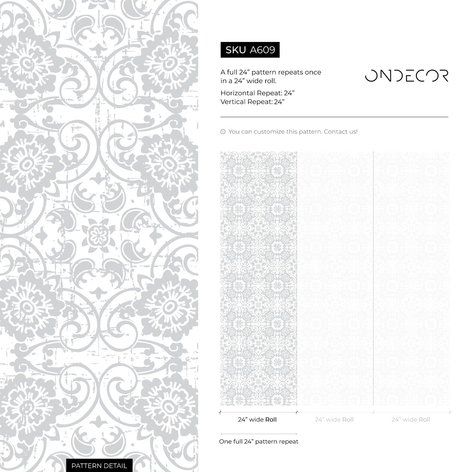 Damask Wallpaper With A Distressed Floral Motif In Gray - A609