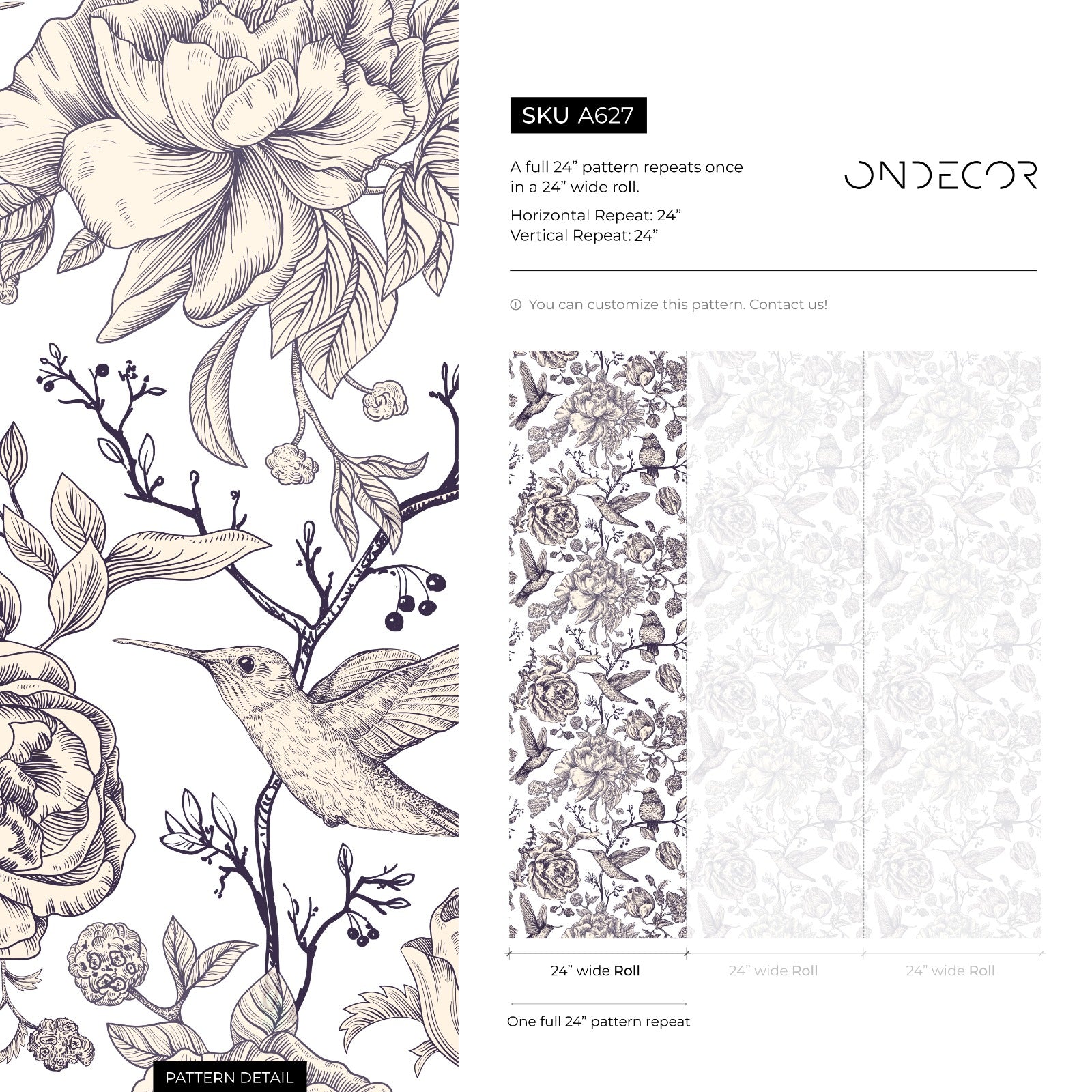 Vintage Floral Wallpaper With Hummingbirds And Peonies In Navy Blue - A627