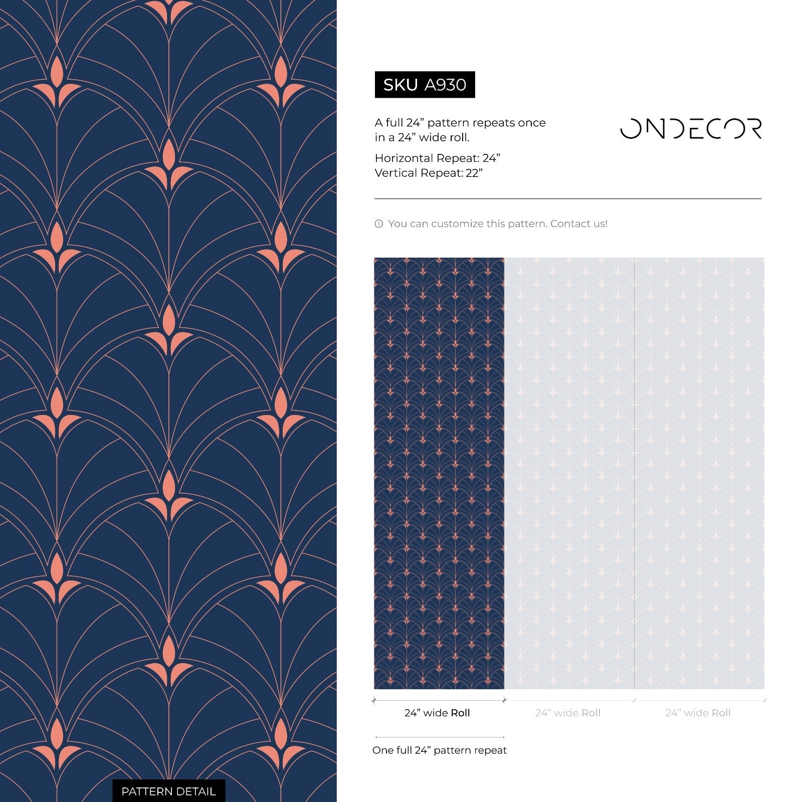 Art Deco Wallpaper With A Geometric Fan Motif In Navy Blue And Copper - A930