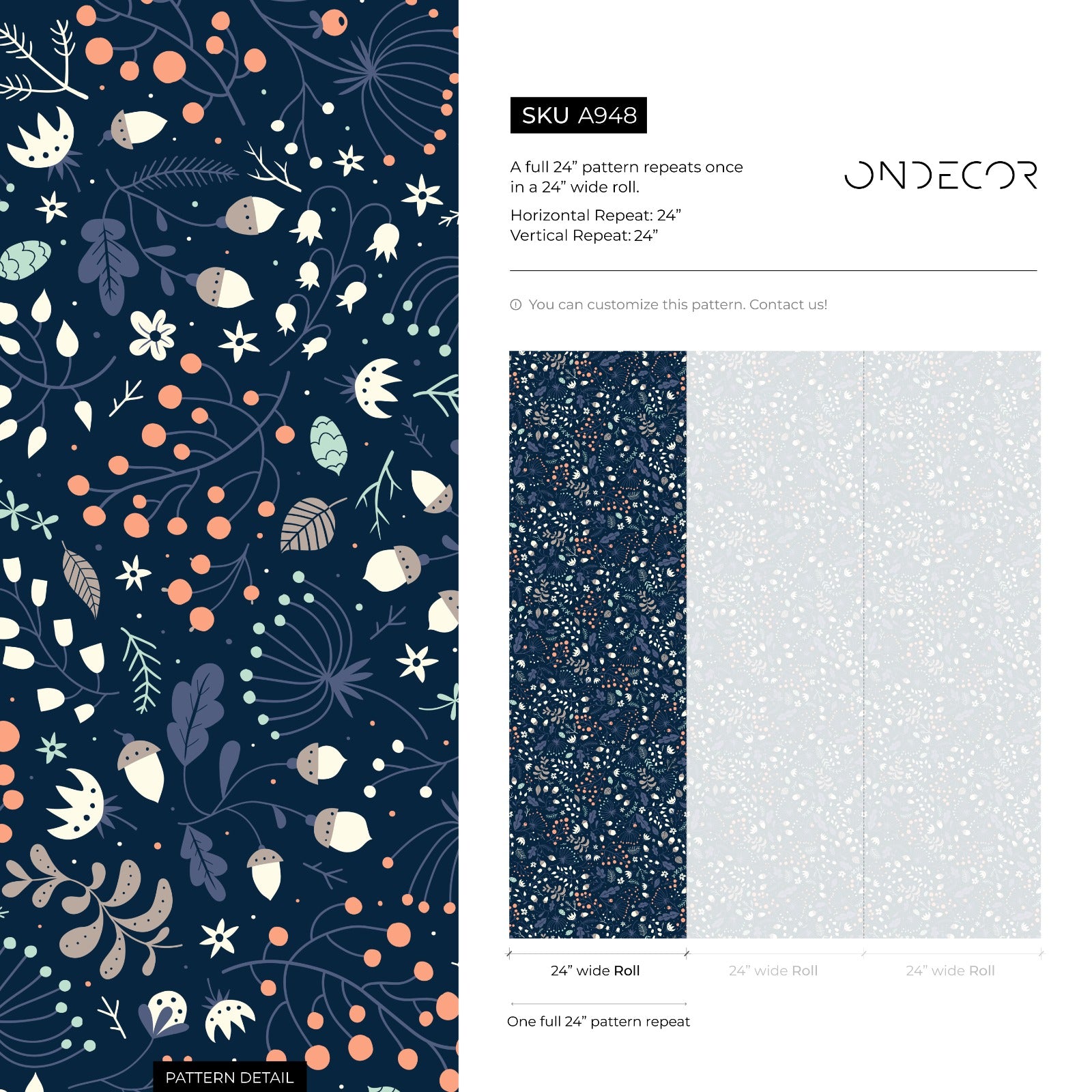 Botanical Wallpaper Featuring Acorns And Berries In Navy Blue And Orange - A948