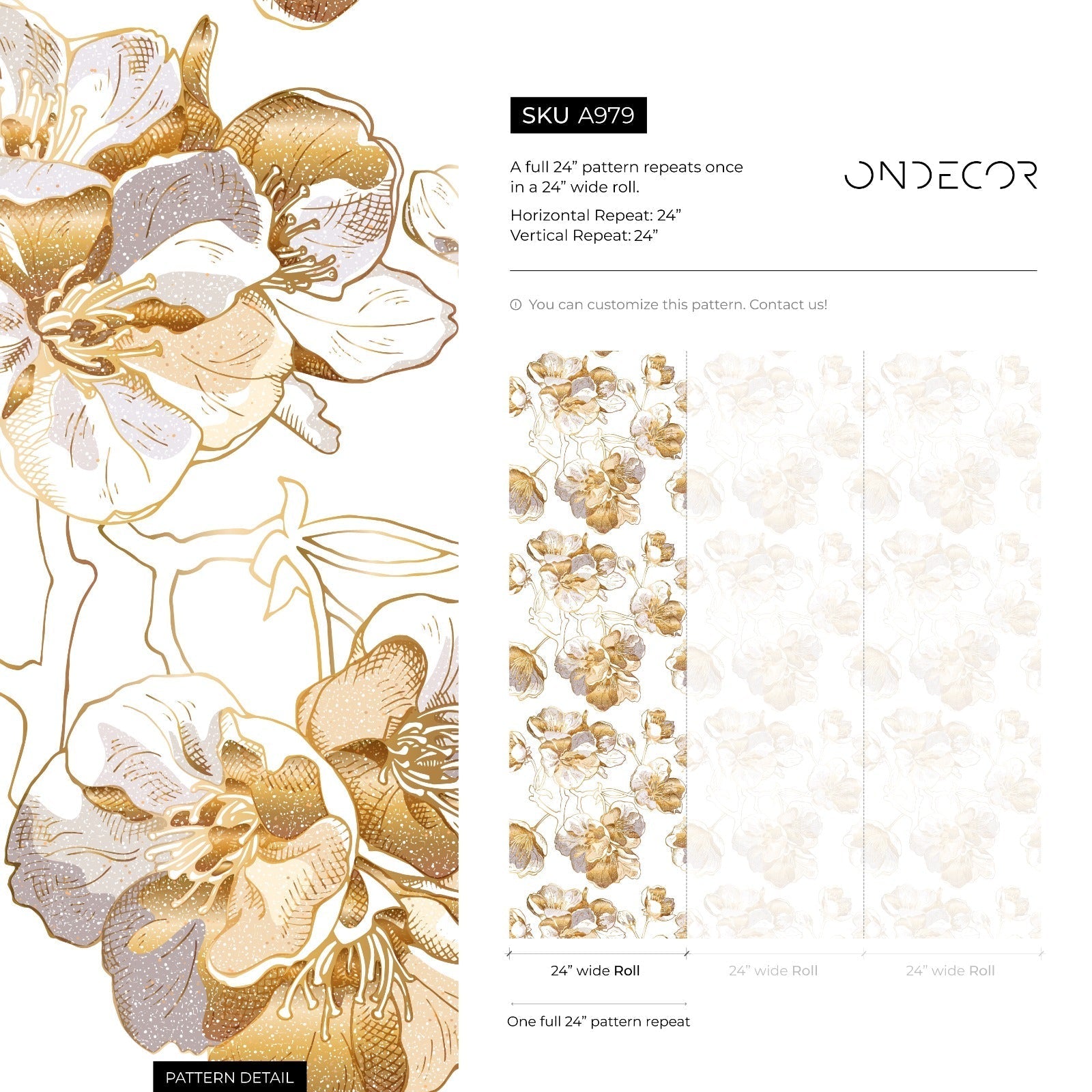 Floral Wallpaper With Stylized Gold Line Flowers In Gold And Gray - A979