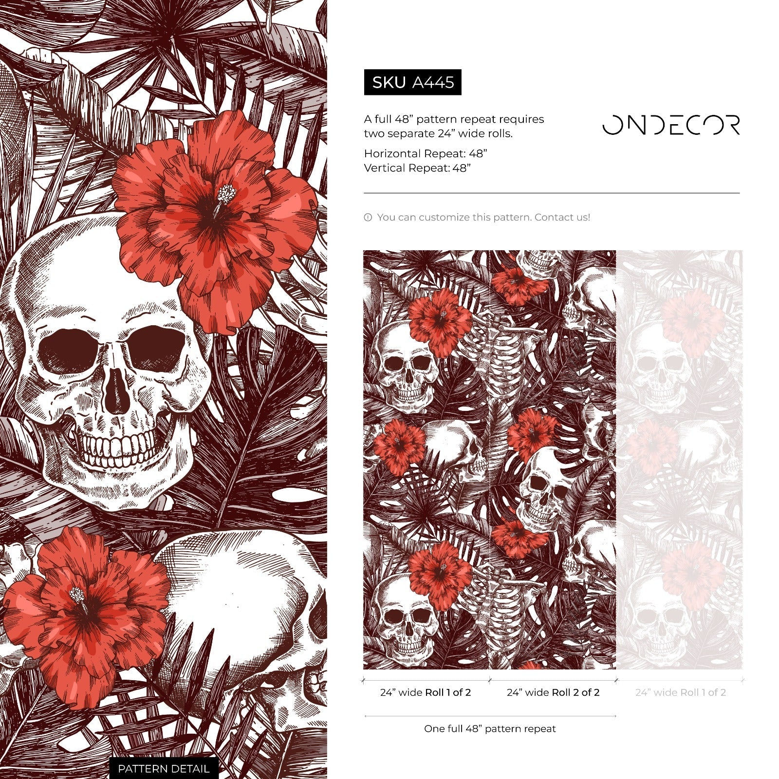 Gothic Wallpaper With Tropical Skulls And Hibiscus Flowers In Brown And Red - A445