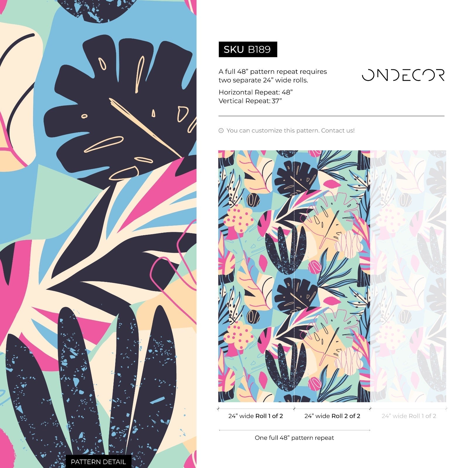 Abstract Wallpaper With Colorful Botanical Leaves In Blue, Pink, And Beige - B189
