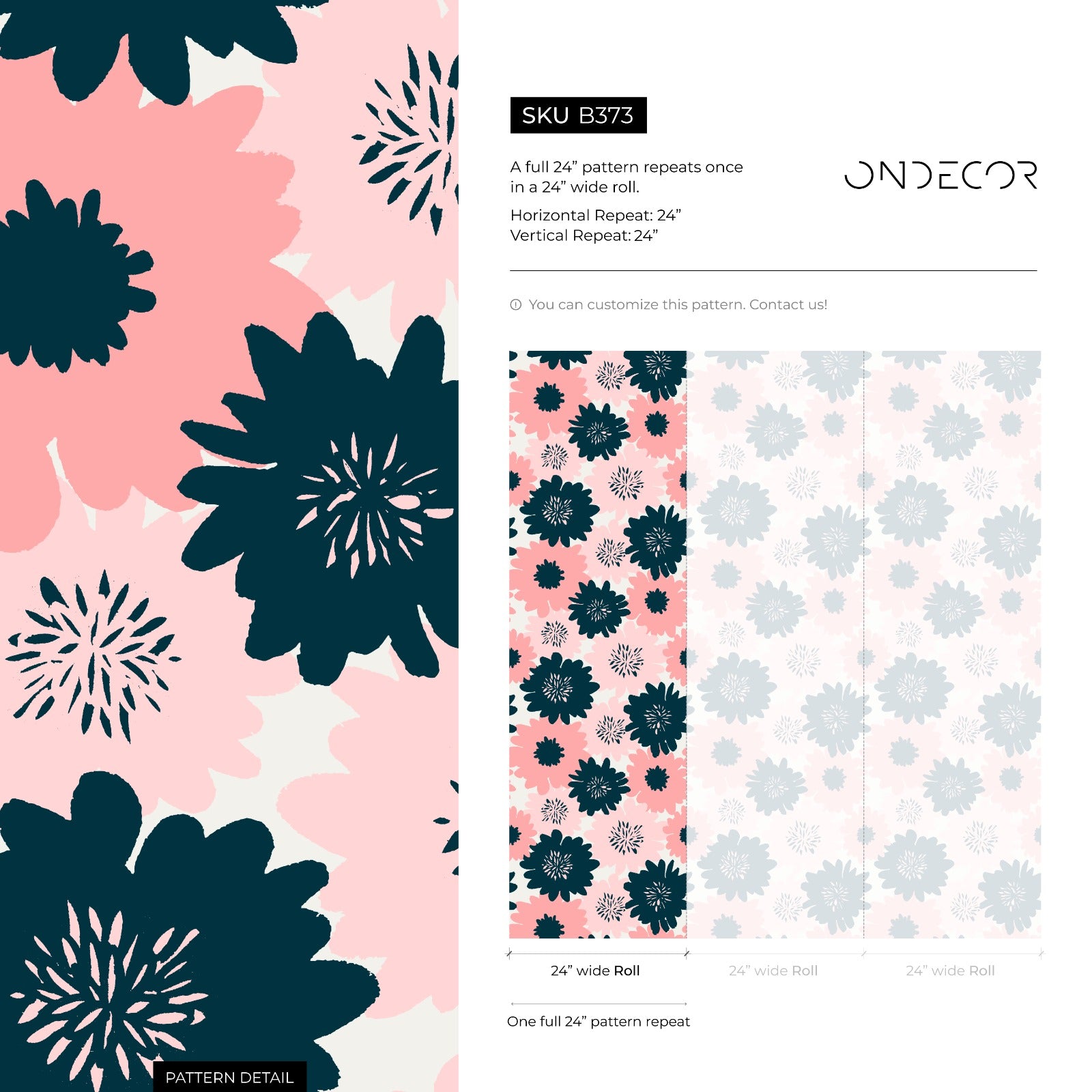 Floral Wallpaper Featuring Bold Graphic Blooms In Navy Blue And Pink - B373