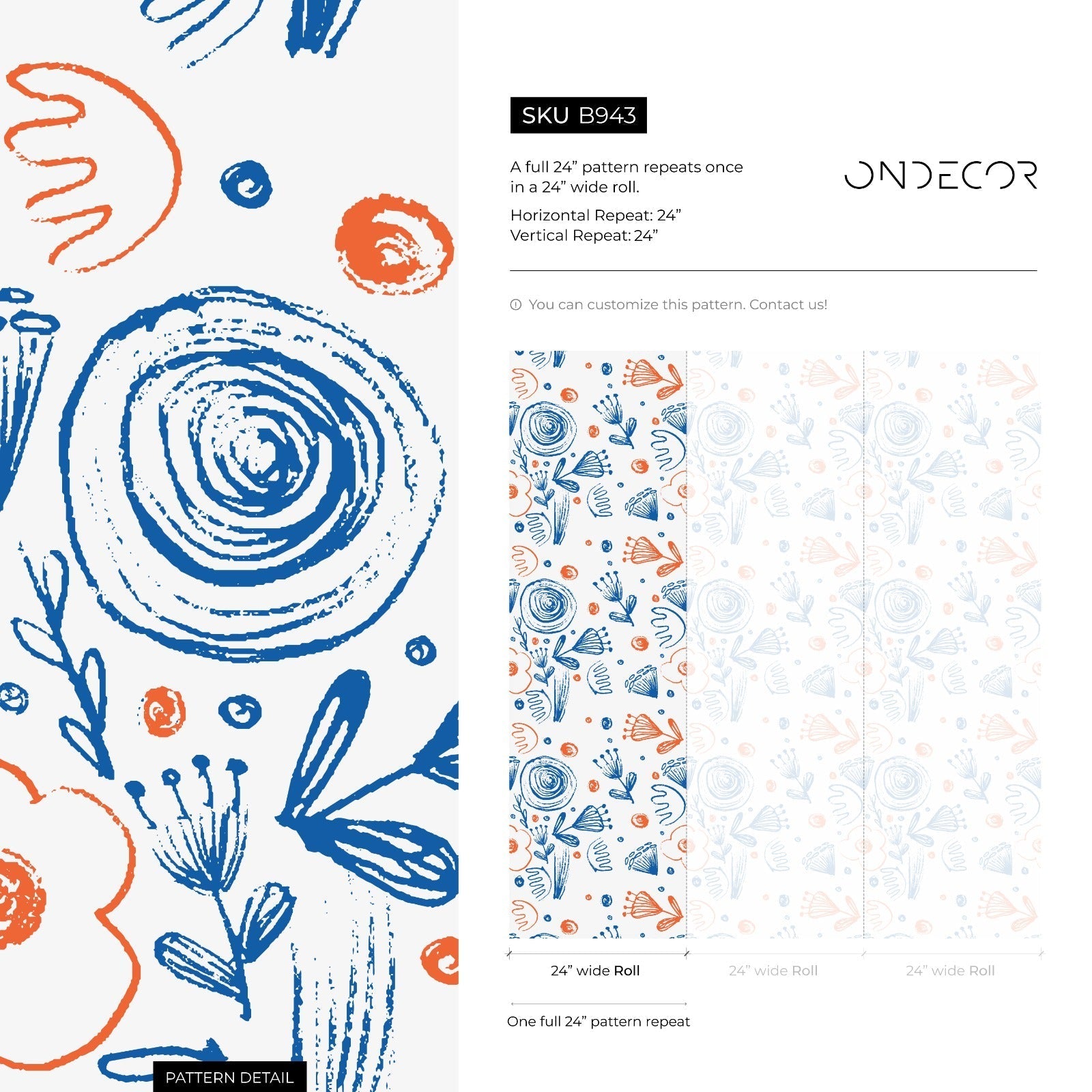 Abstract Floral Wallpaper With Sketchy Botanical Motifs In Blue And Orange - B943