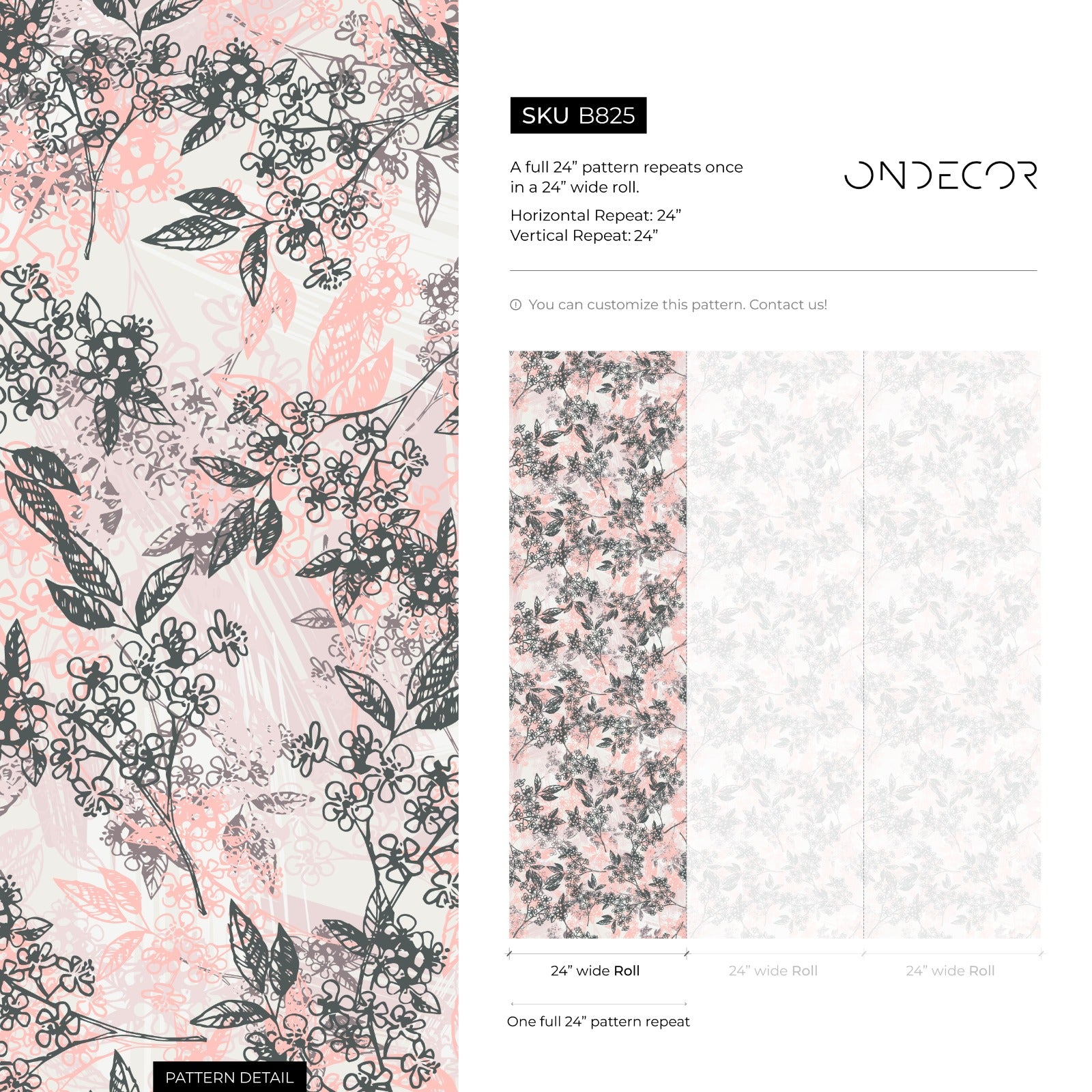 Floral Wallpaper With Sketchy Blossoming Branches In Pink And Gray - B825